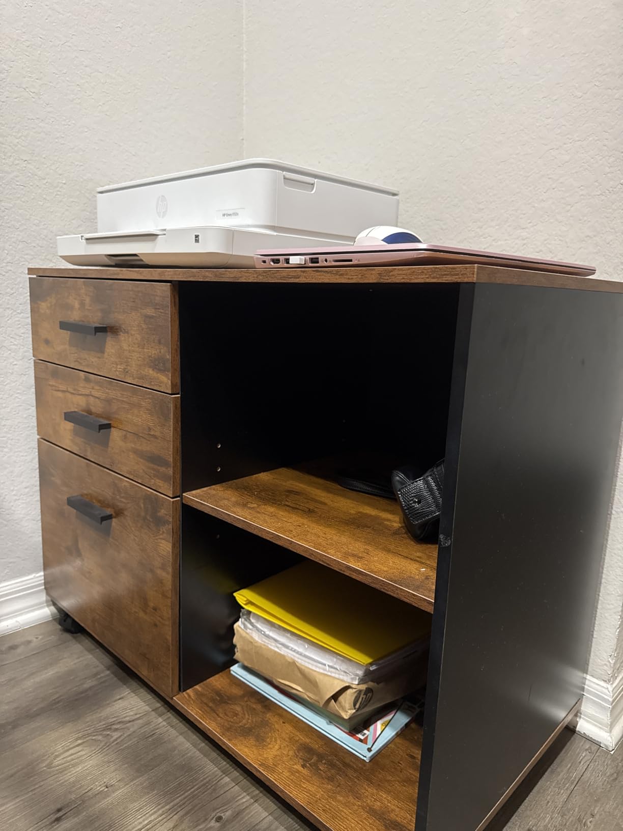 DEVAISE 3-Drawer Mobile File Cabinet, Lateral Filing Cabinet, Rustic Brown | Wood, Rolling Printer Stand, Under Desk Storage, Open Shelves, Fits Letter & A4 File, Home Office customer photo 2