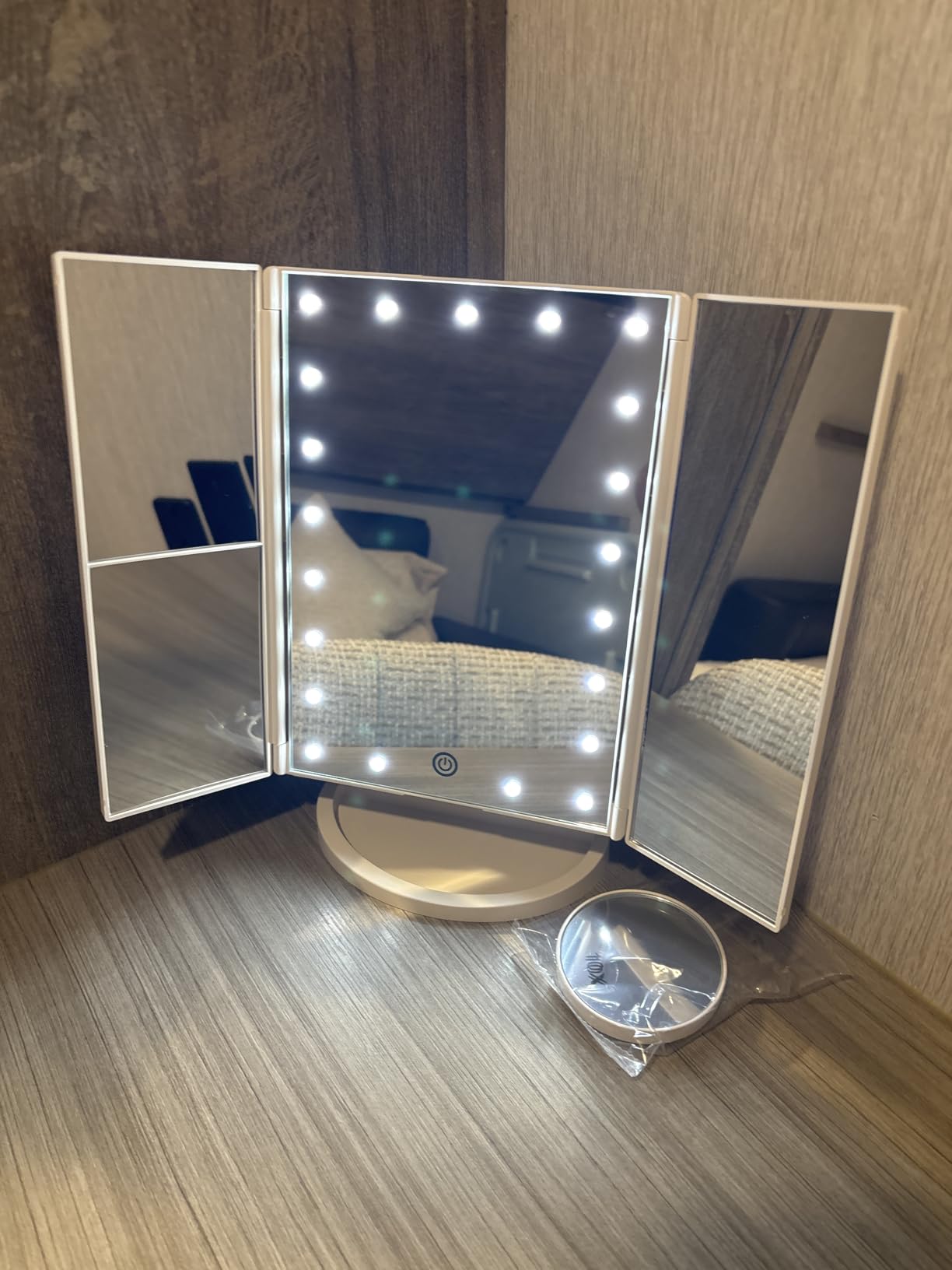 HUONUL 2X/3X/10X Magnifying Vanity Mirror with Light, Trifold Makeup Mirror | Touch Dimming, Dual Power, Clear View for Makeup, Skincare. Dorm Room Essentials customer photo 1