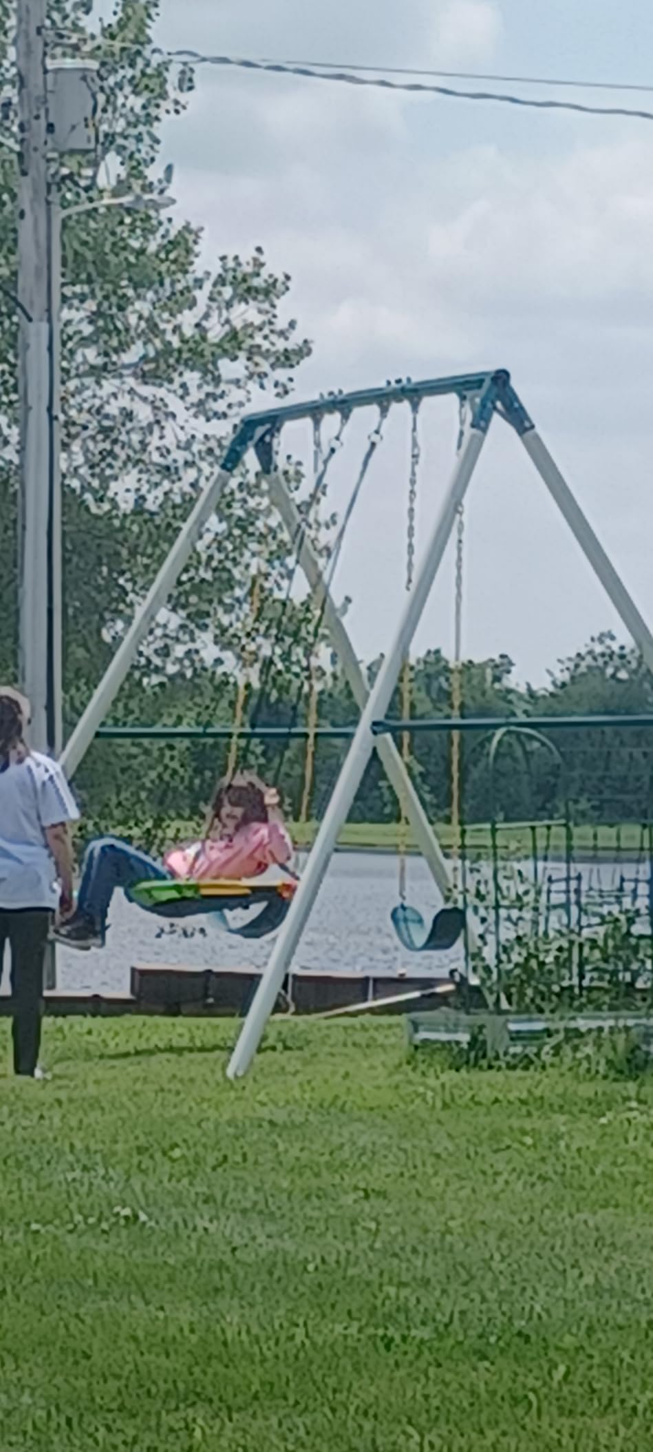 9.5 FEET METAL SWING SET - This playground set can accompany your kids through their childhood. Adults can also enjoy the swinging time with children.Supporting up to 600 pounds.Footprint dimensions: 13.1ft x 9.8ft x 9.5ft/ 4.0m x 3m x 2.9m customer photo 1