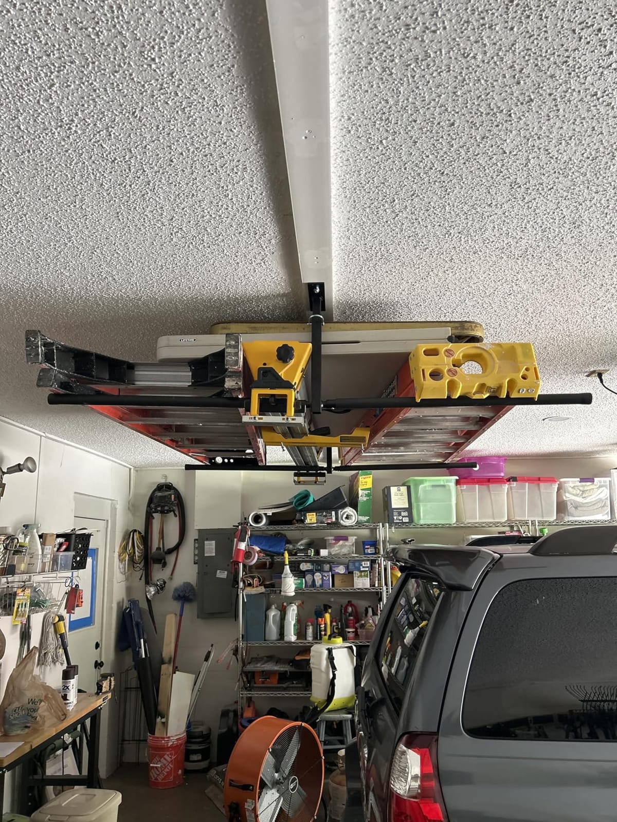StoreYourBoard Adjustable Overhead Ladder Rack - Garage Organizer Ladder Shelf for Step & Extension Ladders - Storage Racks and Shelving for Garage Organization - Ceiling Mounted - Holds 75 lbs customer photo 1