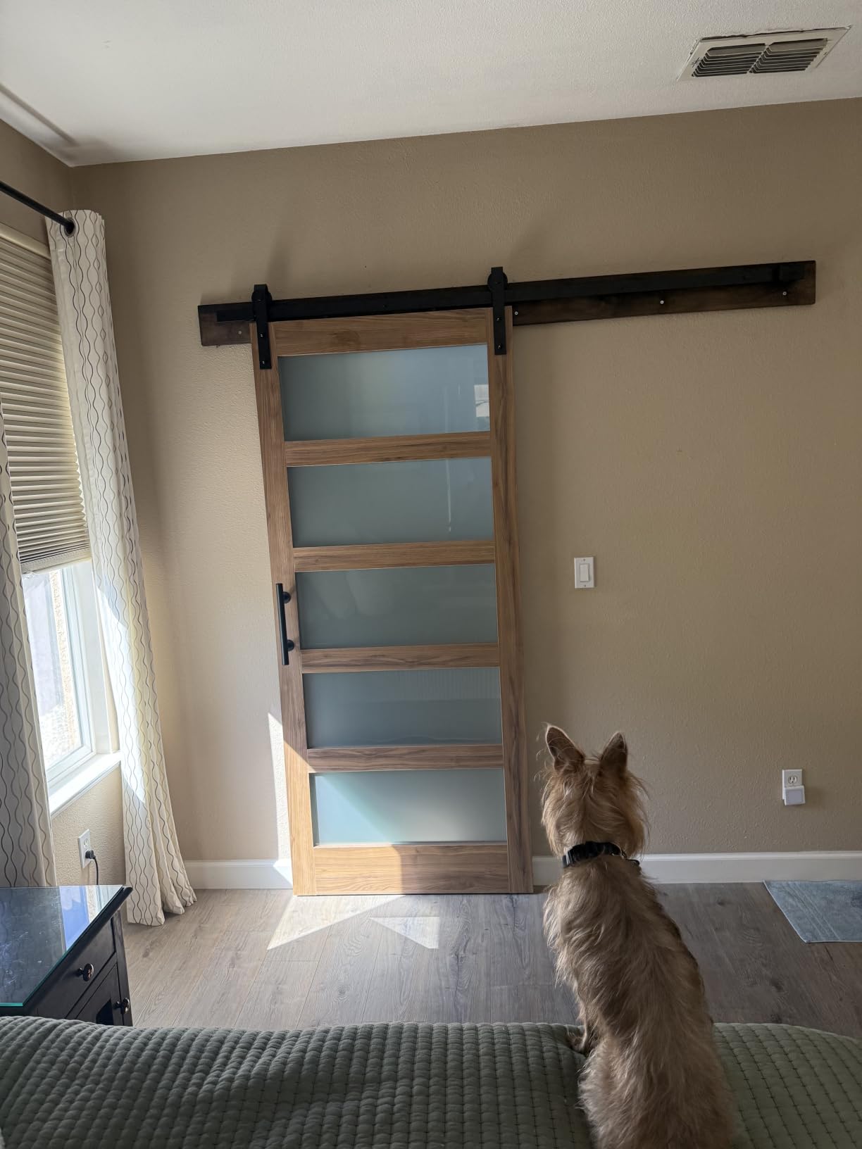 FREDBECK 36 x 84 inch Glass Barn Door with 6.6FT Track Kit, Interior Doors | Fit for 32in-34in Opening Handle Included, 5-Panel Frosted Glass, Water-Proof Surface, Pre-Drilled Holes, Need Assembly customer photo 1