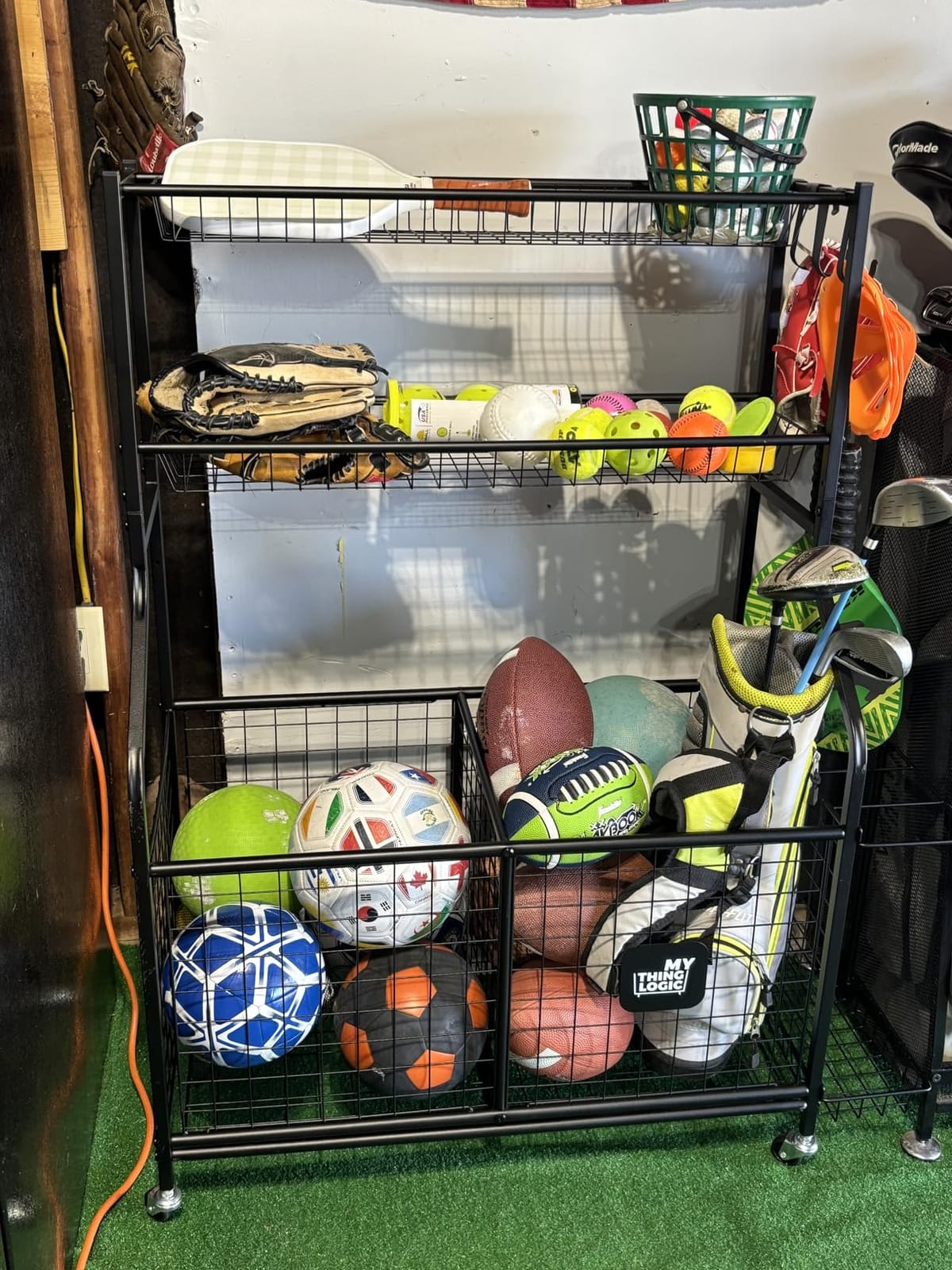Mythinglogic Rolling Sports Equipment Organizer for Garage Gear and Toys | Metal rolling organizer stores balls, bats, rackets, helmets, bags and outdoor toys in separate bins, baskets and hooks customer photo 1