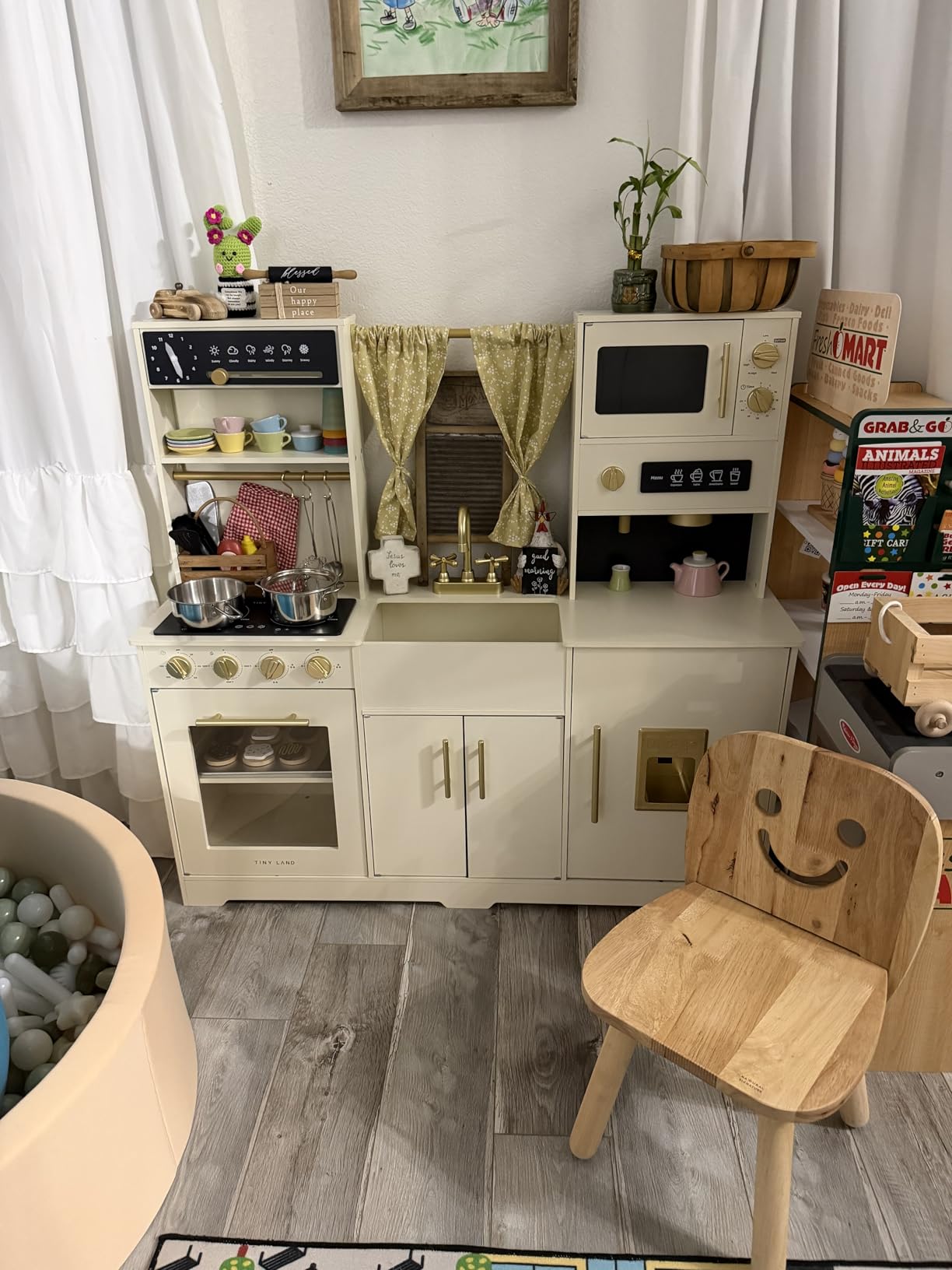 Tiny Land Play Kitchen for Kids - Modern Home Design with Fabric Curtains | Interactive Wooden Kitchen with Coffee Maker & Microwave, Pretend Play Toy, Birthday & Christmas Gift for Boys & Girls customer photo 1