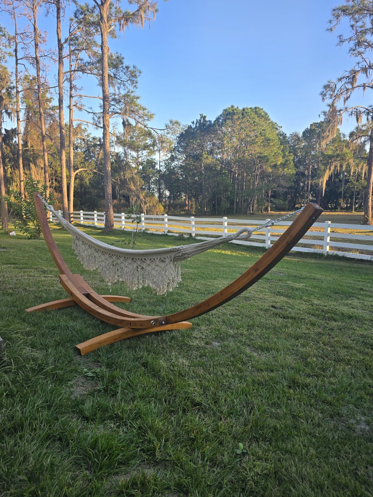 13.5 ft Wooden Hammock Stand Only, 475 lbs Capacity | Heavy Duty Larch Wood Arc Hammock Stand with Chains and Carabiners customer photo 1