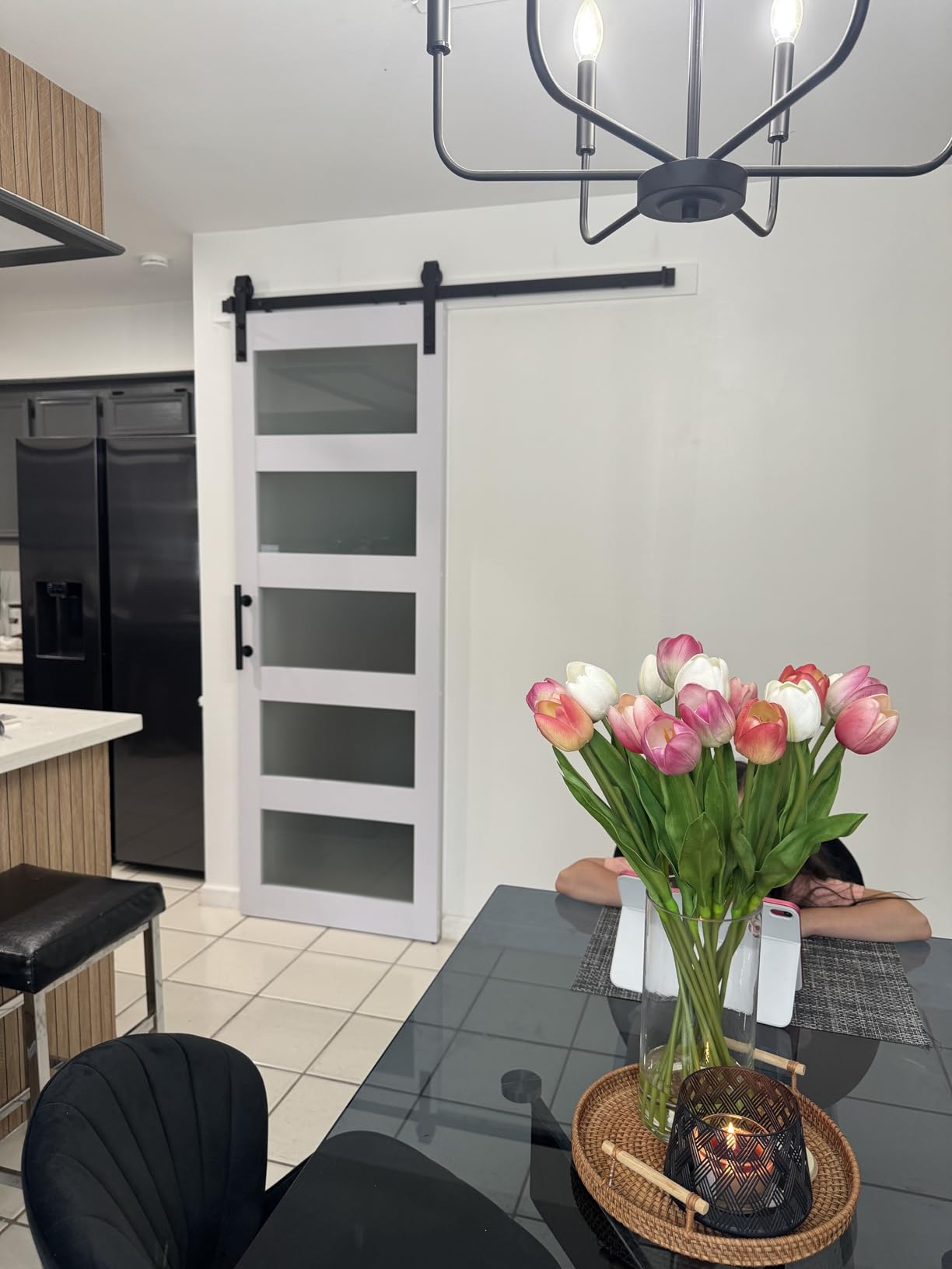 SMARTSTANDARD 36 x 84 in Glass Barn Door with 6.6FT Sliding Hardware Kit | Pre-Drilled Ready to Assemble, Waterproof PVC Coating, White, 5-Panel Glass customer photo 2