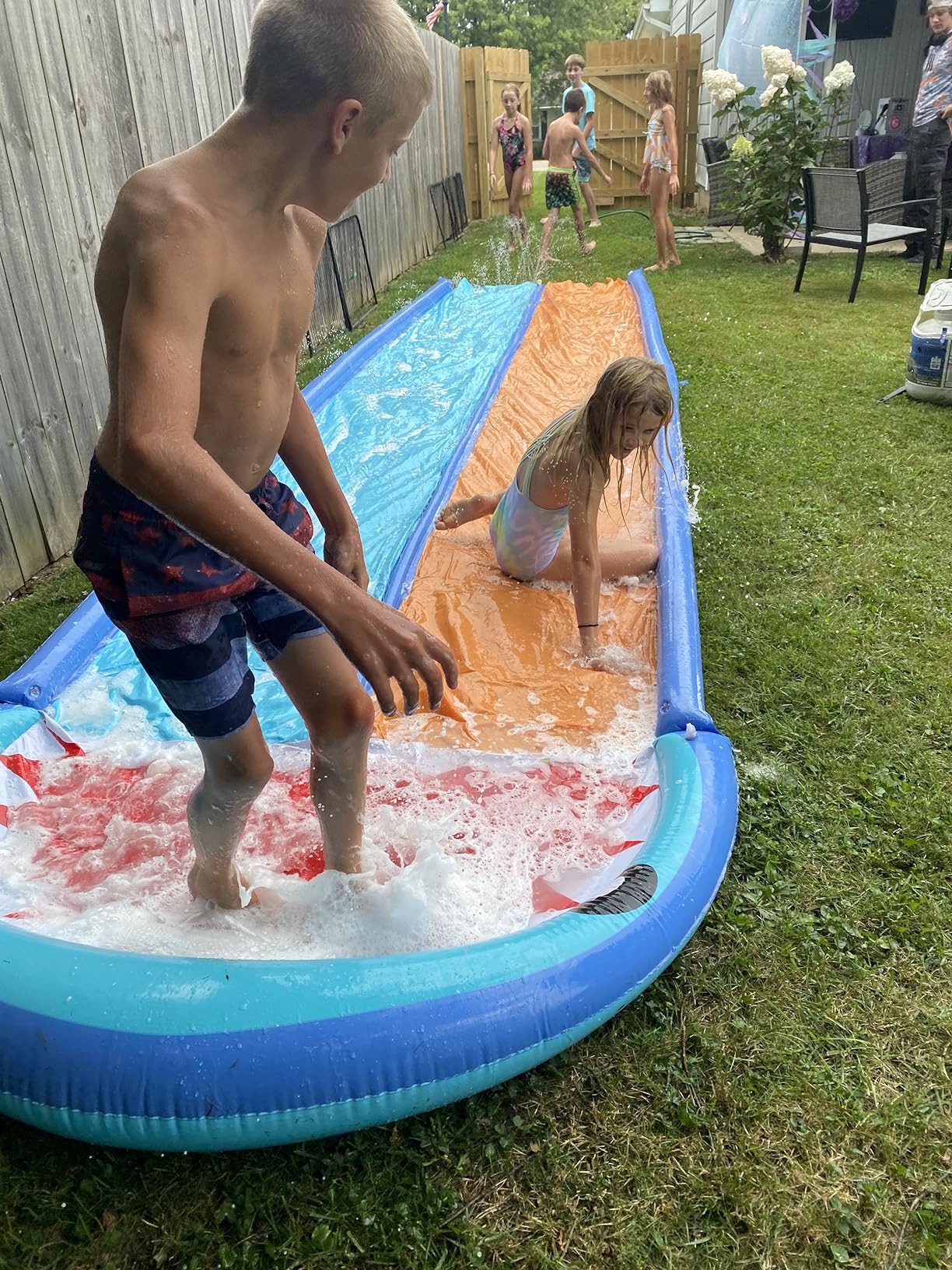 Sloosh Shark Double Water Slide, 22.5ft Heavy Duty Lawn Water Slip with Sprinkler Slide and 2 Slip Inflatable Boards for Party Summer Yard Lawn Outdoor Play Activities customer photo 1