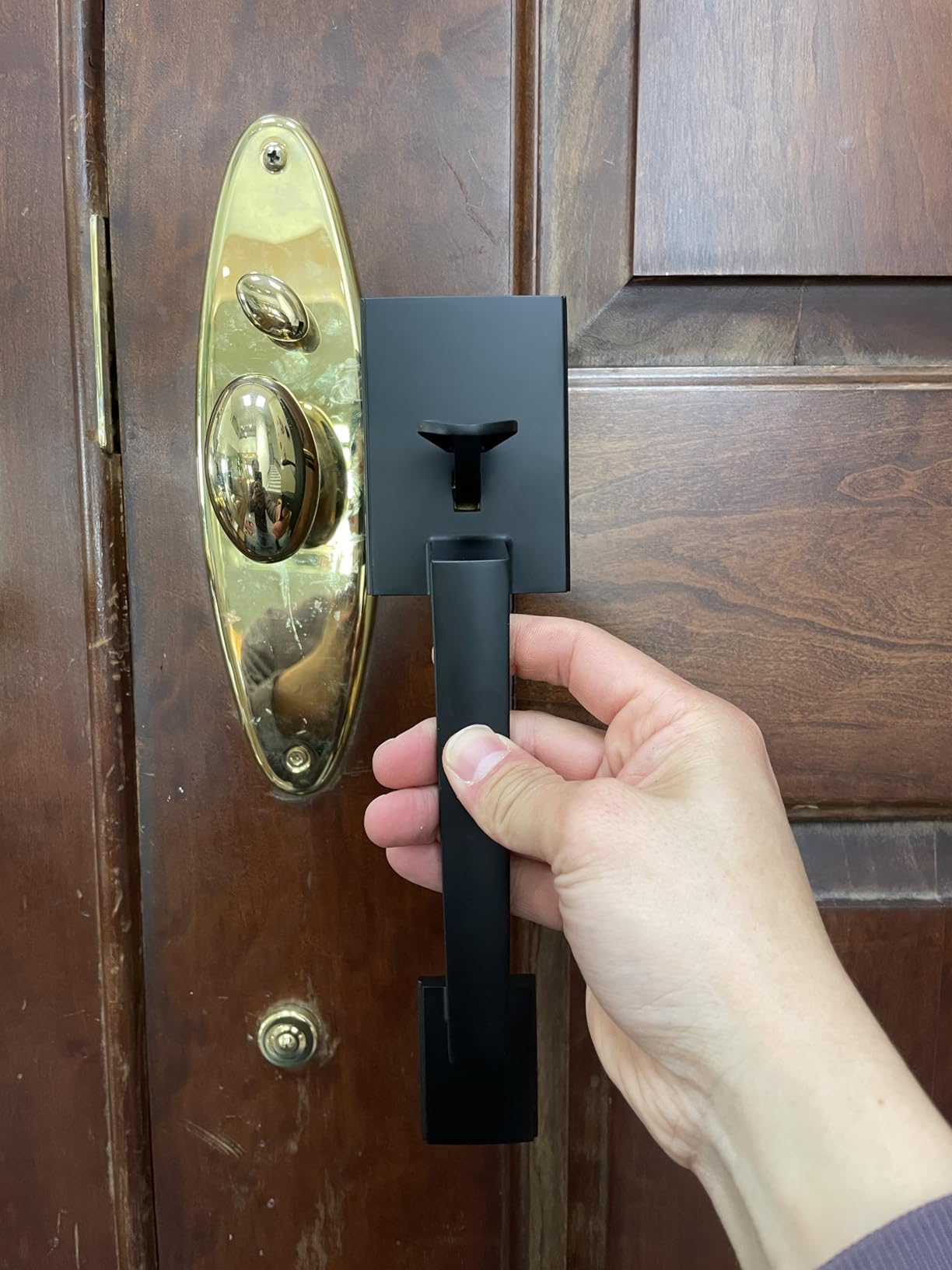 Goldenwarm Double Front Door Lock Set, Matte Black Double Door Handle Set with Dummy, Modern Double Front Door Hardware Set with Reversible Handle Lever customer photo 1