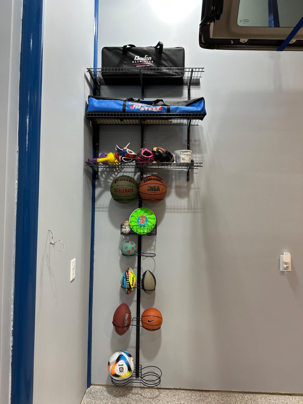 8 Tier Detachable Wall Mounted Basketball Rack, Vertical/Horizontal Football Holder, Holds 14 Balls DIY 1/2/3/4 Soccer Stand, Height-Adjustable Ball Rack with Basket for Garage, Tool Room, Metal-Black customer photo 2