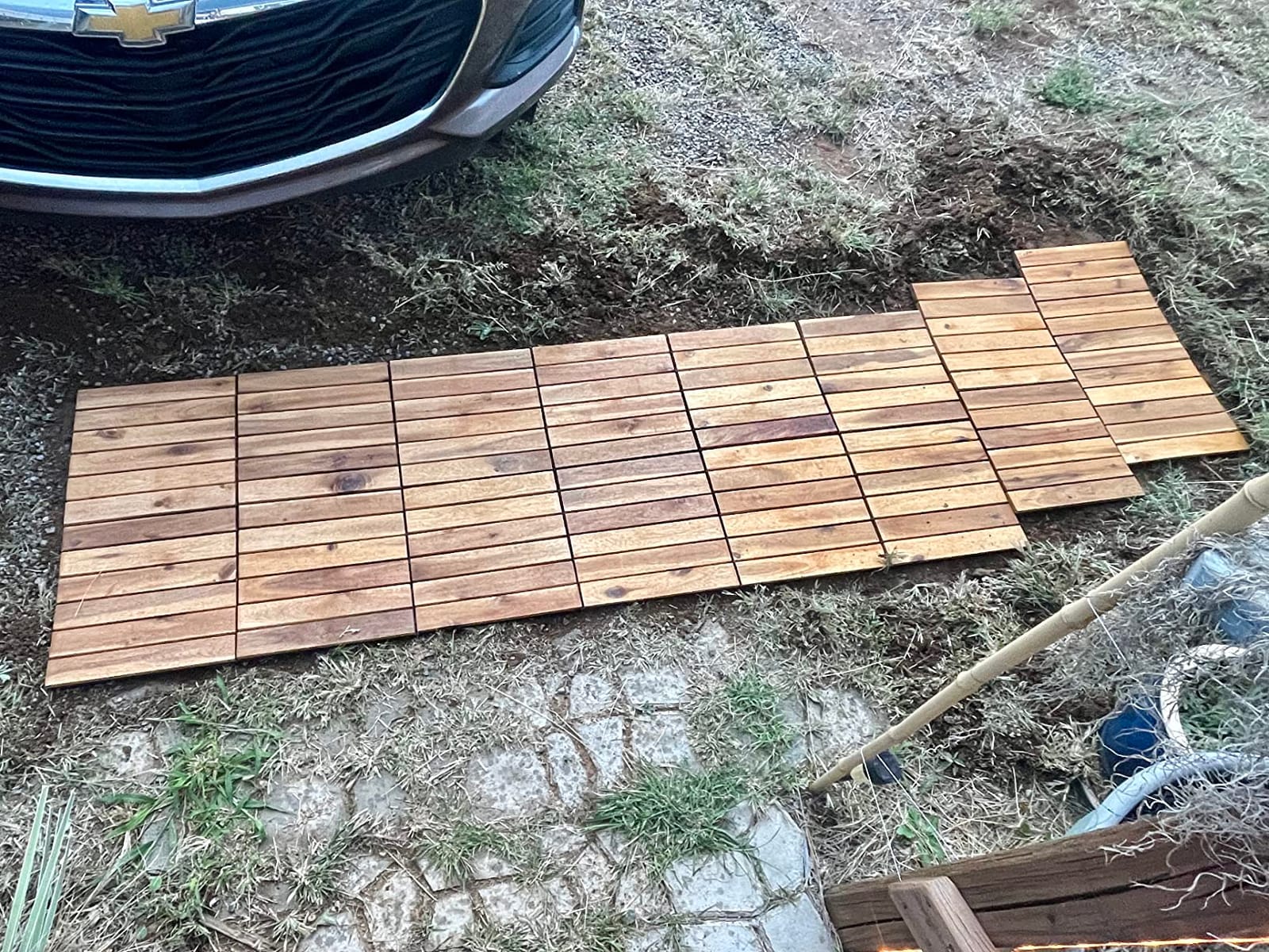 Majestick Goods 24-Pack Long Slat Acacia Wood Interlocking Deck Tiles | Easy Installation for Patio Flooring & Walkway with Raised Base Drainage, 12 x 12 x 0.9 Inch, 24 Count, Covers 24 Sq Ft customer photo 1