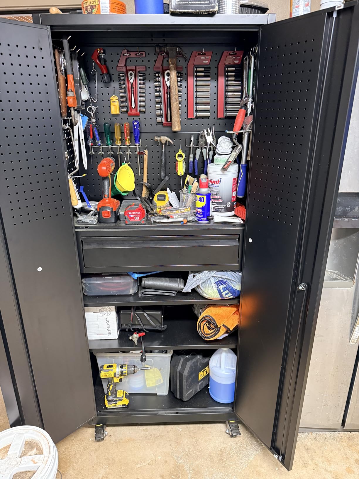 Garage Storage Cabinet with Wheels and Pegboard Doors, Black | 71