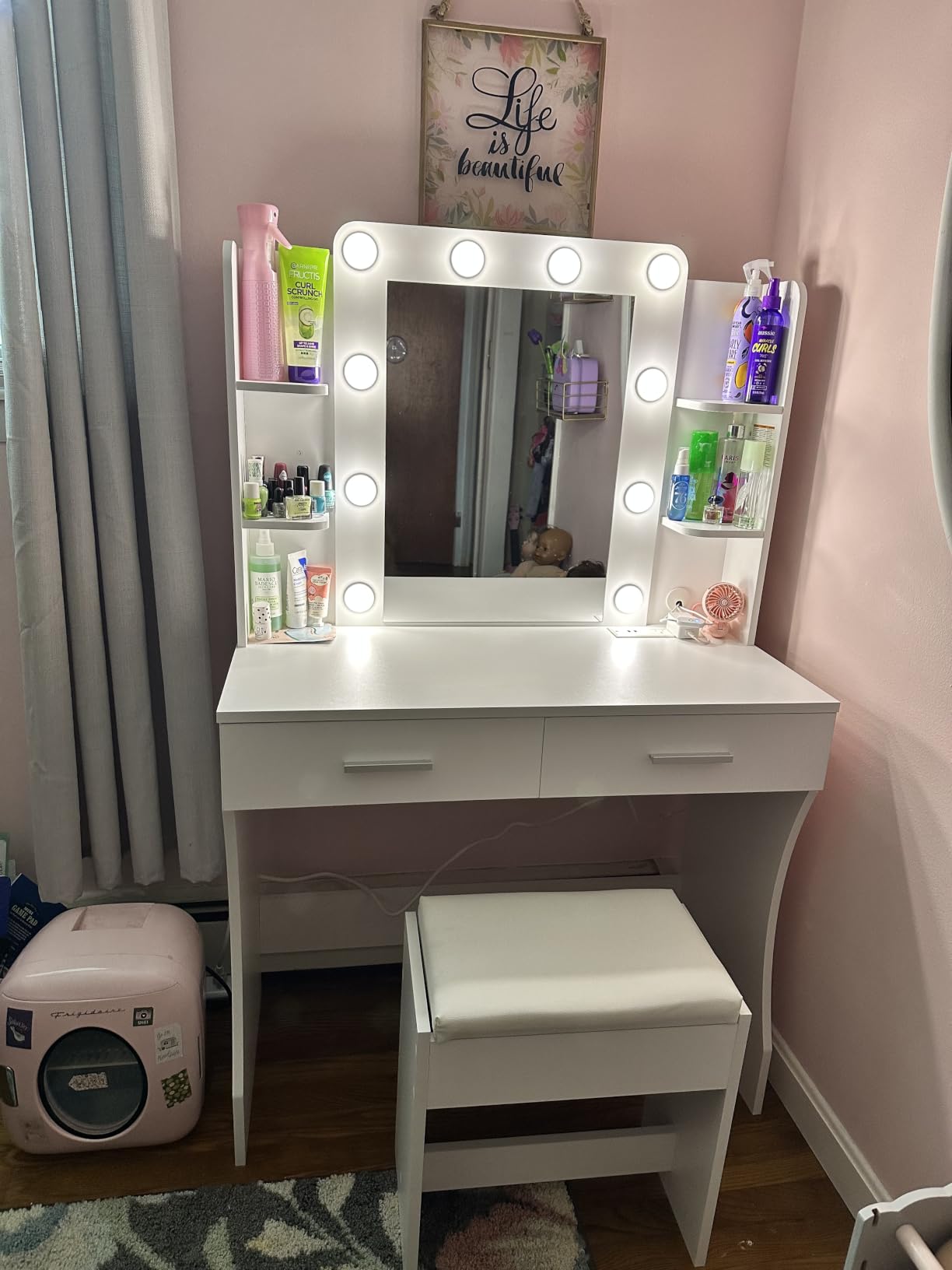 Vabches White Makeup Vanity Desk with Lighted Mirror & Charging Station | 2 Large Drawers, Vanity Mirror 3 Lighting Color Adjustable, Cushioned Stool, Storage Drawers and Shelves customer photo 2