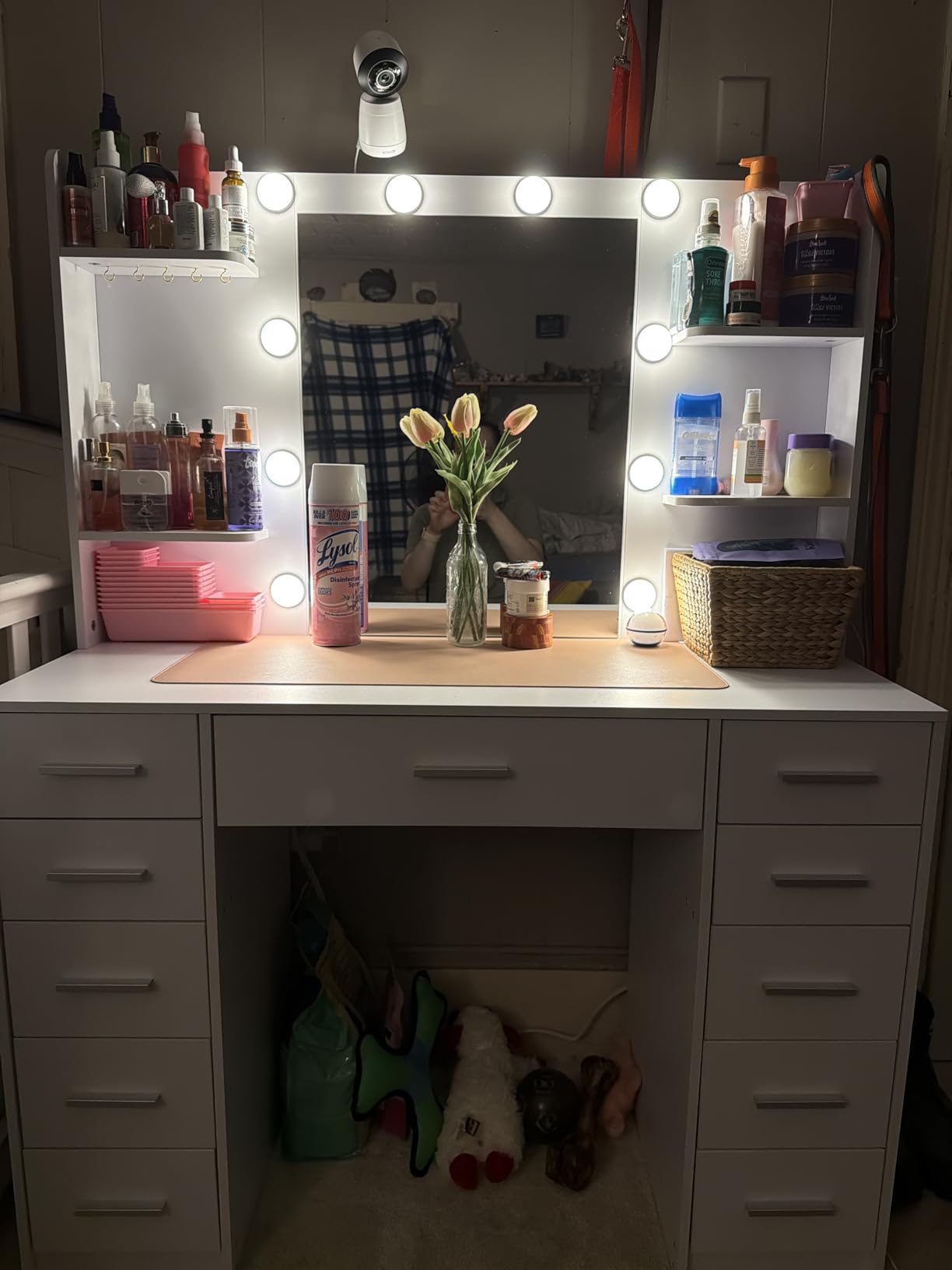 Quimoo Large Vanity Desk with LED Lighted Mirror & Power Outlet, Makeup Vanity Table with 7 Drawers, 4 Shelves and 5 Hooks, Vanity Table, Vanity Desk Set for Bedroom, Bathroom, White customer photo 1