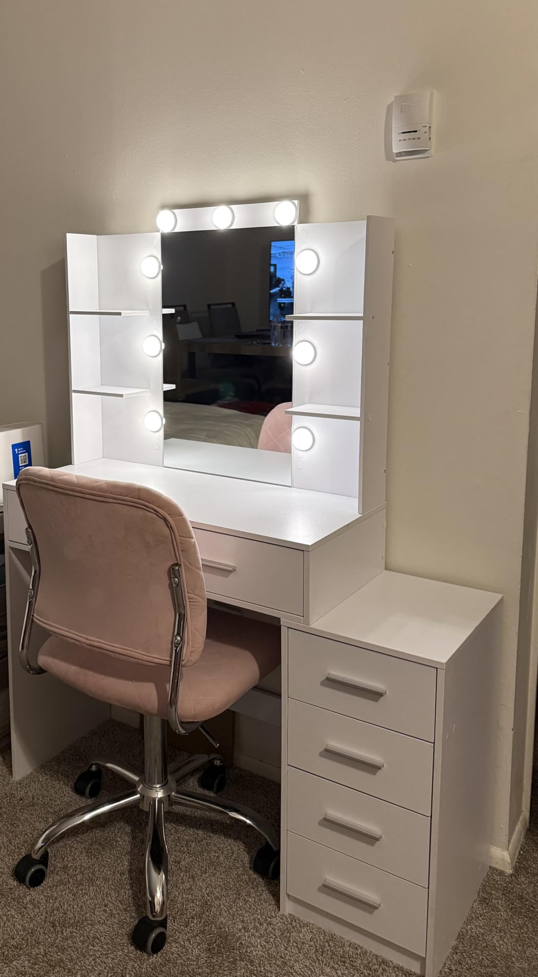 Quimoo Large Vanity Desk with LED Lighted Mirror & Power Outlet, Makeup Vanity Table with 7 Drawers, 4 Shelves and 5 Hooks, Vanity Table, Vanity Desk Set for Bedroom, Bathroom, White customer photo 2