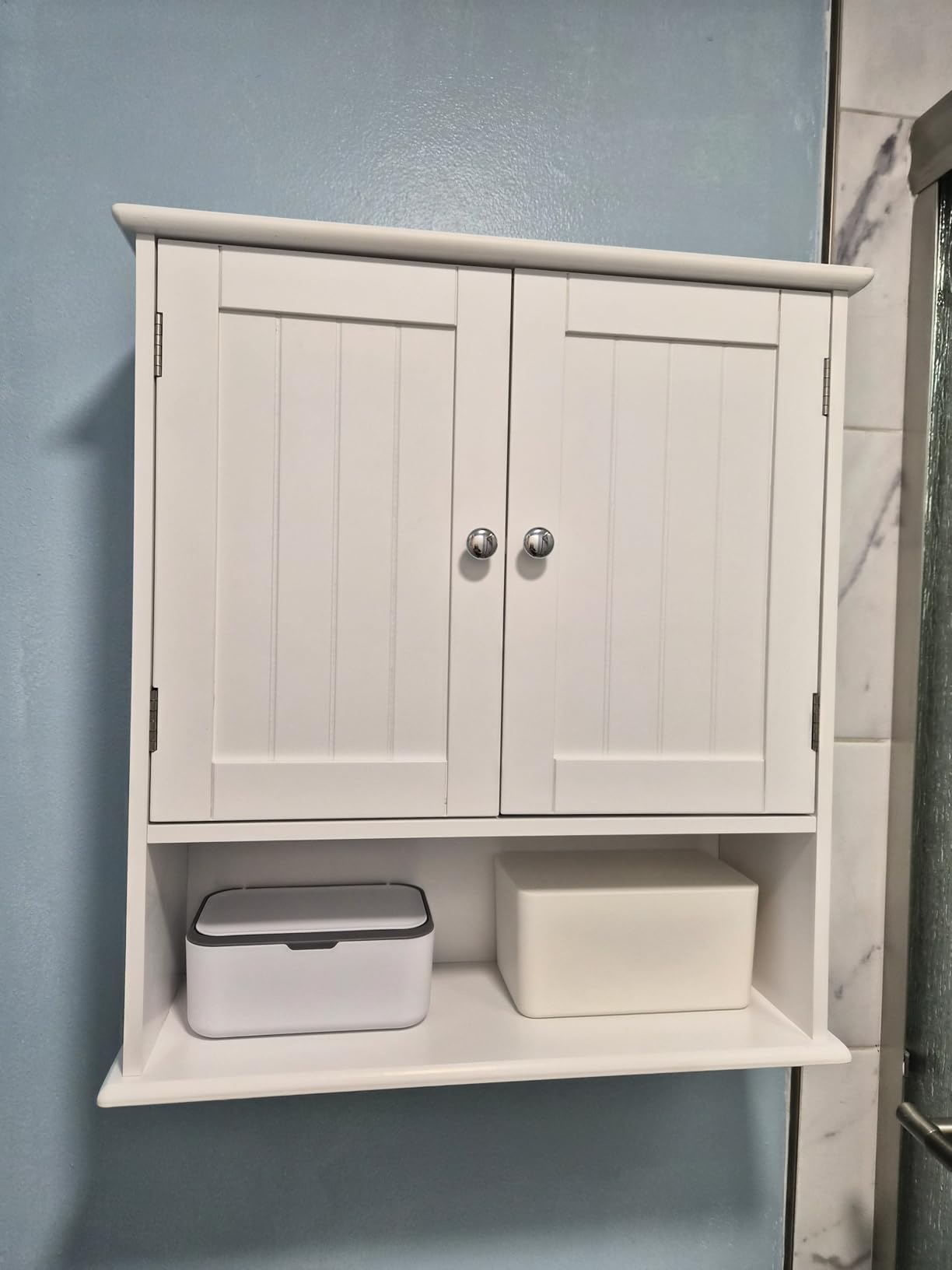 Smuxee White Bathroom Cabinet Wall Mounted, Small Bathroom Medicine Cabinet with 2 Door Adjustable Shelves, Bathroom Wall Cabinet Over Toilet for Laundry Room Kitchen customer photo 1