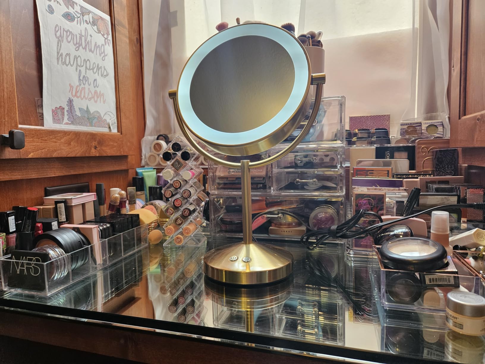 Conair LED Vanity Mirror, Double-Sided, 10x Maginification, Satin Nickel | Lighted makeup mirror with 3 color modes, 360° rotation, a satin nickel finish, a 5-foot power cord, and an 8.5