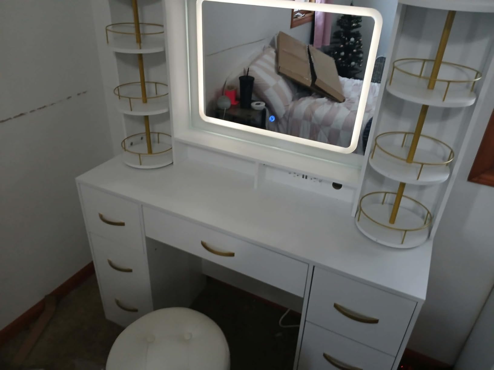 CSZZD White Makeup Vanity Desk with LED Mirror & RGB Cabinets | Vanity Table with Charging Station and 6 Storage Drawers, Adjustable 3 Mode Mirror Lights, Bedroom Dressing Table for Women customer photo 1