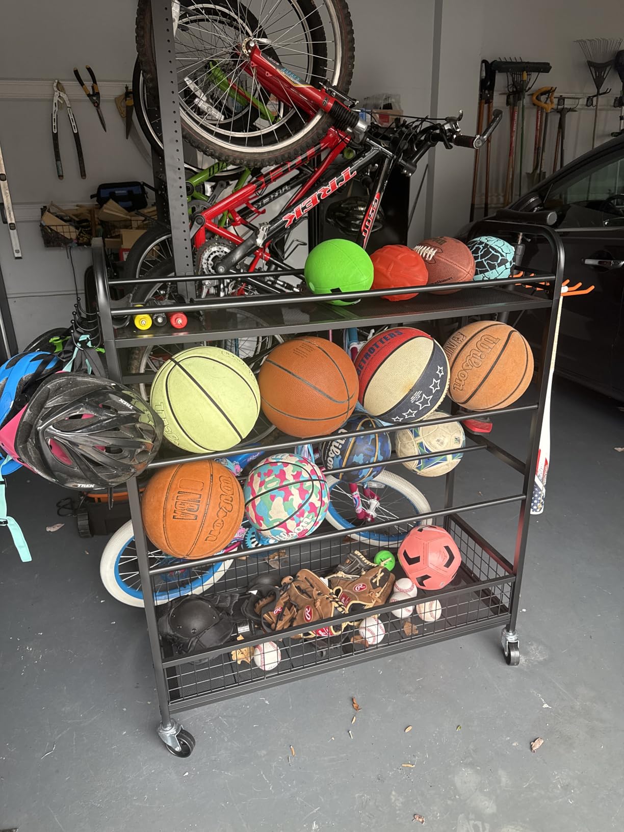 EXTCCT Garage Sports Equipment Organizer - Rolling Ball Storage with Wheels | Garage Sports Gear Rack Outdoor Basketball Racks for Balls with Baseball Bat Holder and Hooks, Toy Organizer customer photo 1
