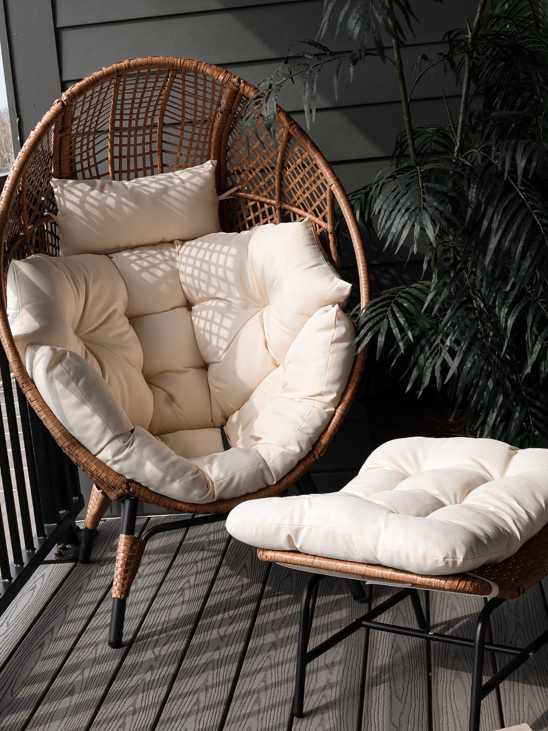 NICESOUL Wicker Egg Chair with Ottoman, Indoor Outdoor Egg Basket Lounge Chair w/Cushion, Oversized Egg Seat with Legs 440 Lbs, Comfy Cozy Boho Style Nest Chair w/Footrest for Patio, Balcony, Beige customer photo 1