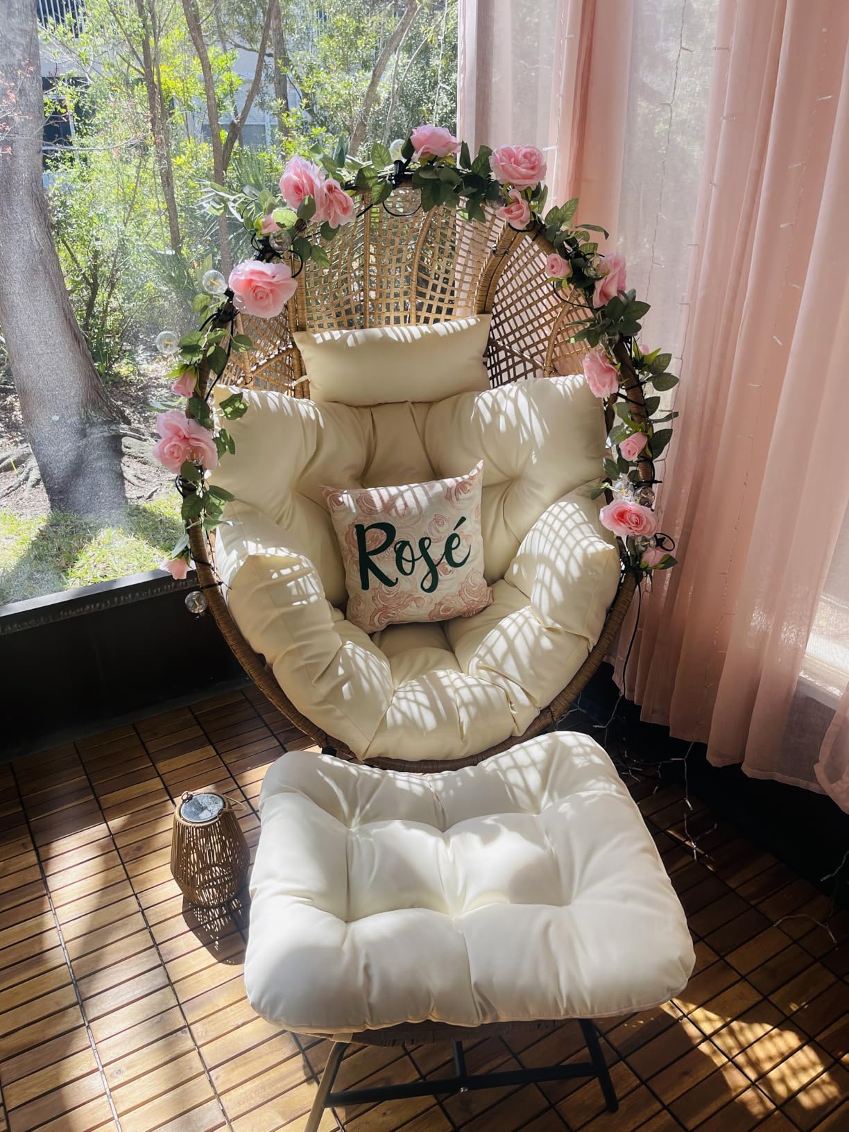 NICESOUL Wicker Egg Chair with Ottoman, Indoor Outdoor Egg Basket Lounge Chair w/Cushion, Oversized Egg Seat with Legs 440 Lbs, Comfy Cozy Boho Style Nest Chair w/Footrest for Patio, Balcony, Beige customer photo 2