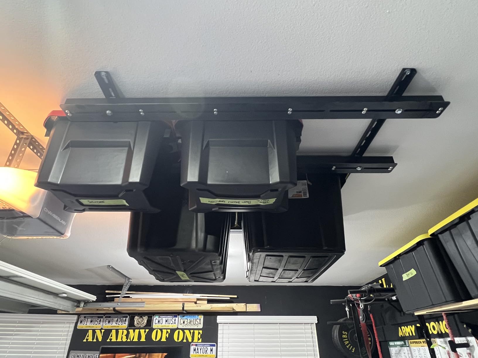 TORACK Garage Ceiling Bin Storage Rack, Overhead Tote Storage Rail System Heavy Duty Adjustable Tote Slide Rails Garage Bins Storage System(Black, Bins are not included) customer photo 1
