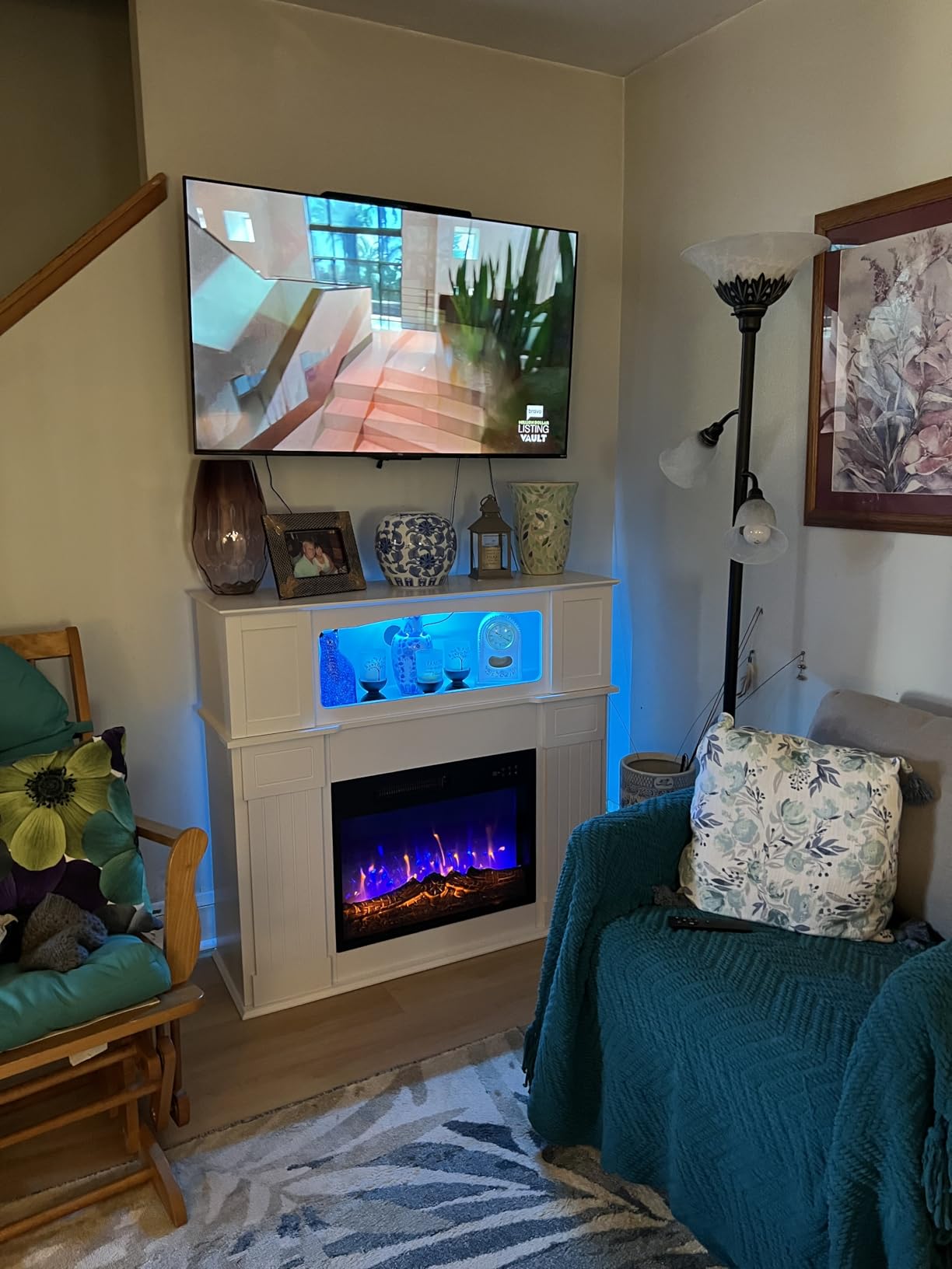 43 inch Electric Fireplace with Mantel, LED Lights Strip, White | 23 inch insert, Freestanding Electric Fireplace TV Stand with Adjustable Flames, Open Shelf in The Middle, Remote Control customer photo 1