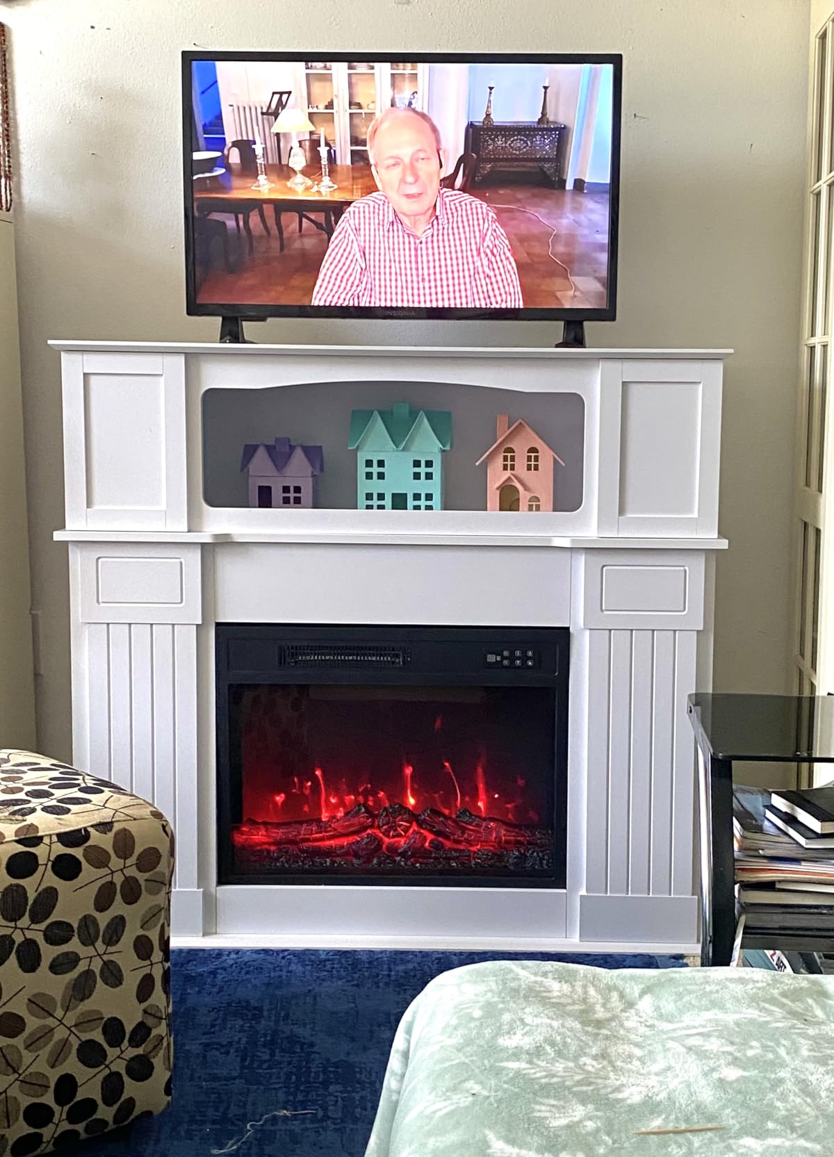 43 inch Electric Fireplace with Mantel, LED Lights Strip, White | 23 inch insert, Freestanding Electric Fireplace TV Stand with Adjustable Flames, Open Shelf in The Middle, Remote Control customer photo 2