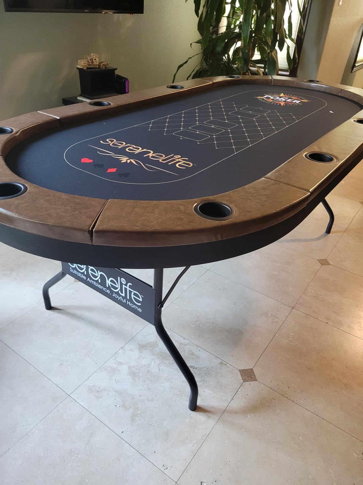 10-Player Oval Foldable Poker Table - Casino Texas Hold'em Table with Water-Resistant Cushioned Rail, 10 Cup Holders, Brown Felt Surface, Black Jack Board & Family Games (Brown) customer photo 1