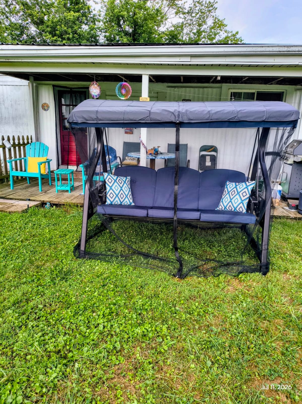 ZZW 3-Seat Outdoor Porch Swing with Stand, Patio Swing with Canopy, 2 in 1 Porch Swing Bed & Patio Swing Chair for Adult, Yard Swing w/Extra Pillows and Cup Holder (Blue) customer photo 1