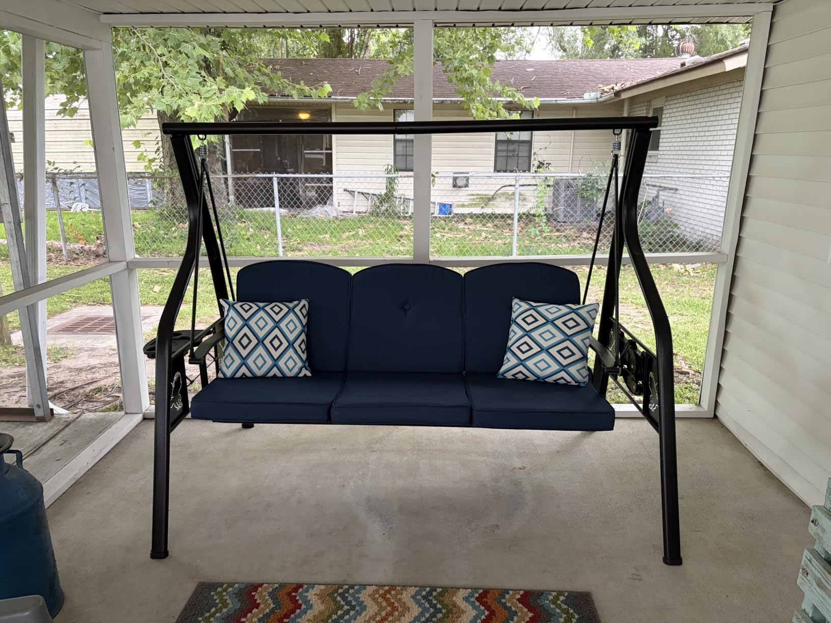ZZW 3-Seat Outdoor Porch Swing with Stand, Patio Swing with Canopy, 2 in 1 Porch Swing Bed & Patio Swing Chair for Adult, Yard Swing w/Extra Pillows and Cup Holder (Blue) customer photo 2