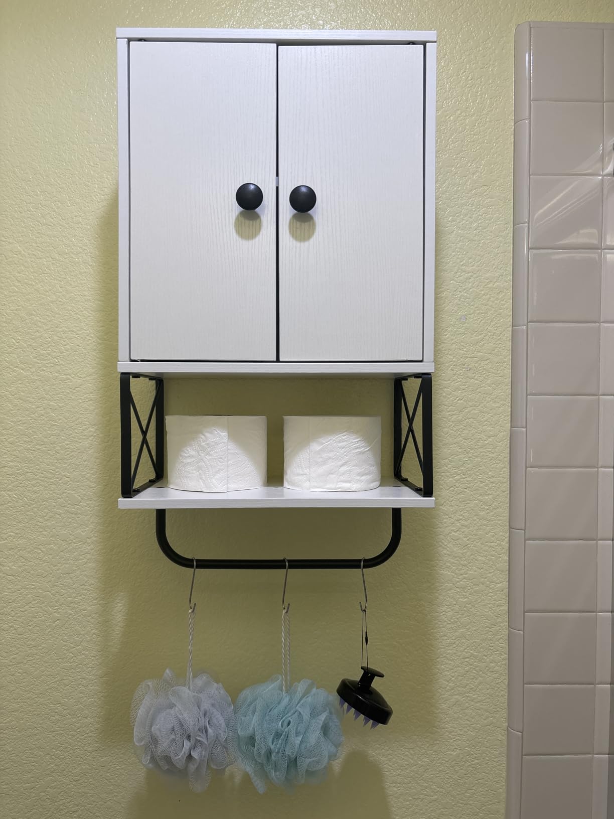 MAHANCRIS Bathroom Wall Cabinet with 2 Door and Adjustable Shelf, Farmhouse Medicine Cabinet with Towel Rack, 3-Tier Wall Mounted Storage Cabinet Over The Toilet for Bathroom Laundry Room, Black customer photo 2