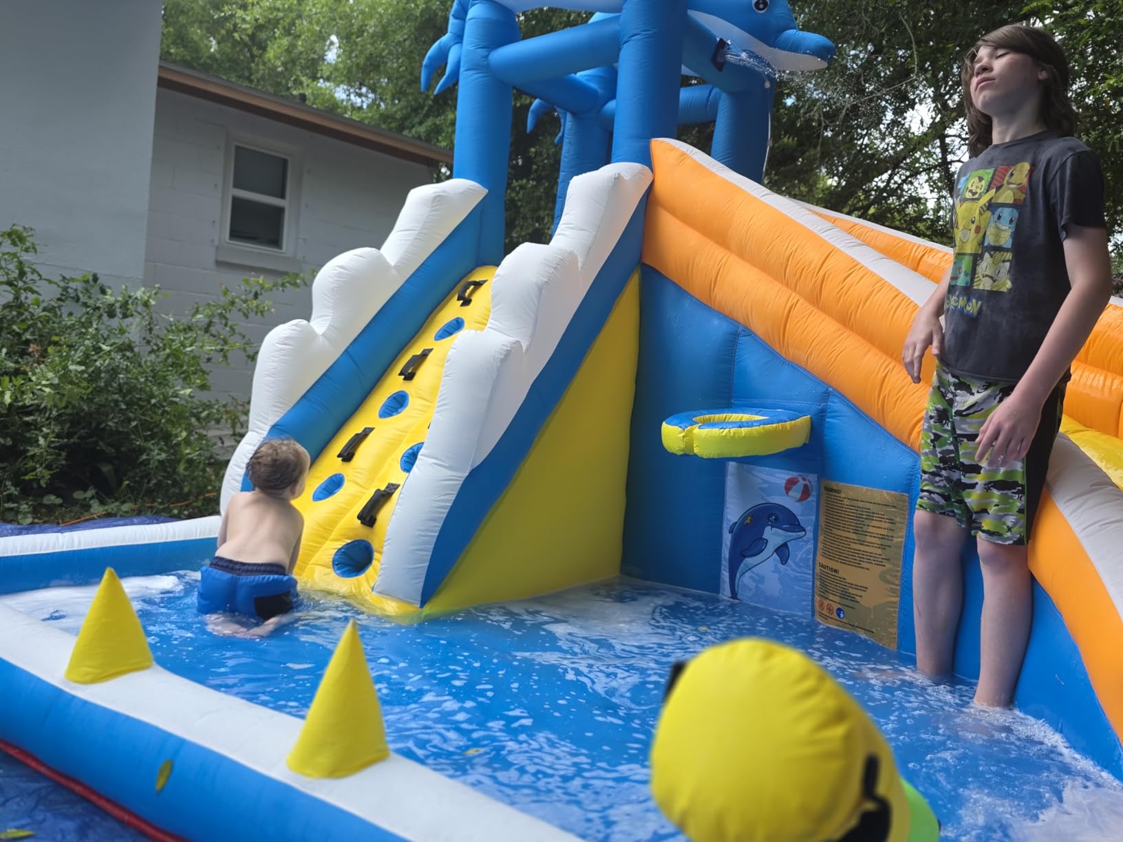 TOAOB Inflatable Water Slide, 5 in 1 Dolphin Inflatable Bounce House for Kids - Climbing Wall Splash Pool Water Cannon Basketball Rim - 480W Blower - for Indoor Outdoor Backyard Birthday Party customer photo 2