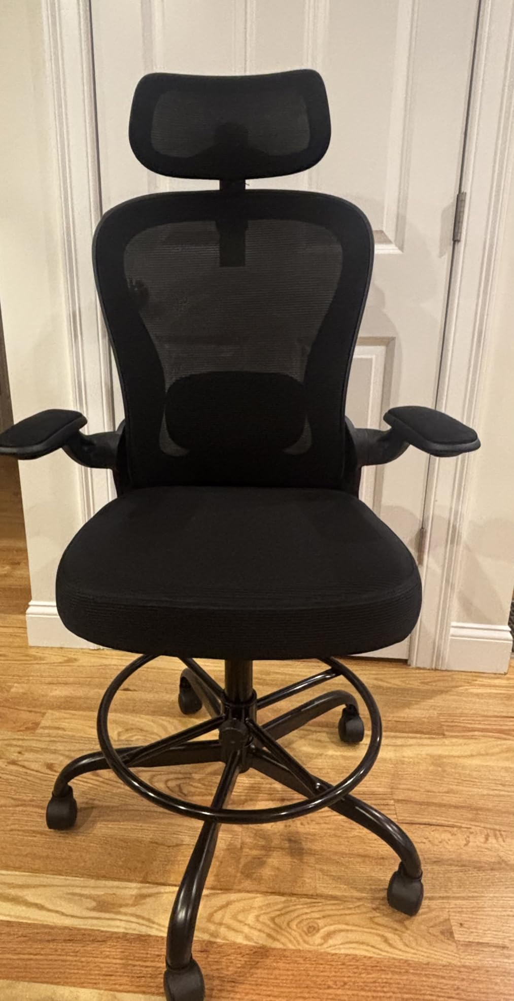 AtHope Drafting Chair, Tall Office Chair with 3D Lumbar & Head Support, Ergonomic Mesh Standing Desk Chair with Footrest Ring, Comfy Extended High Desk Chair with Flip-Up Arms & Hanger, Black customer photo 1
