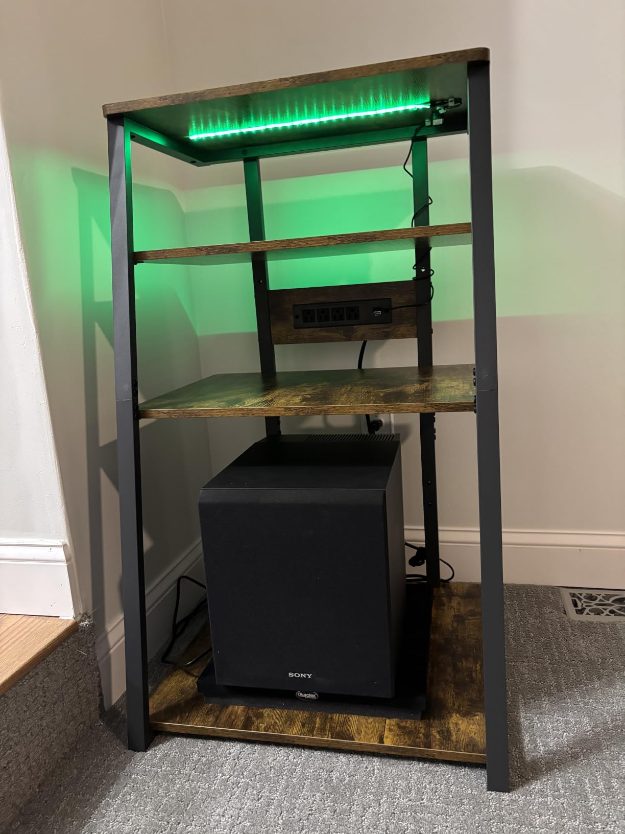 AV Media Stand, Stereo Stands and Racks Small Entertainment Center | Corner Shelf Stand with Power Strip & LED Lights, Audio Tower HIFI Rack Stereo Shelf CRT TV Stand, 5 Tier, Black Walnut customer photo 2