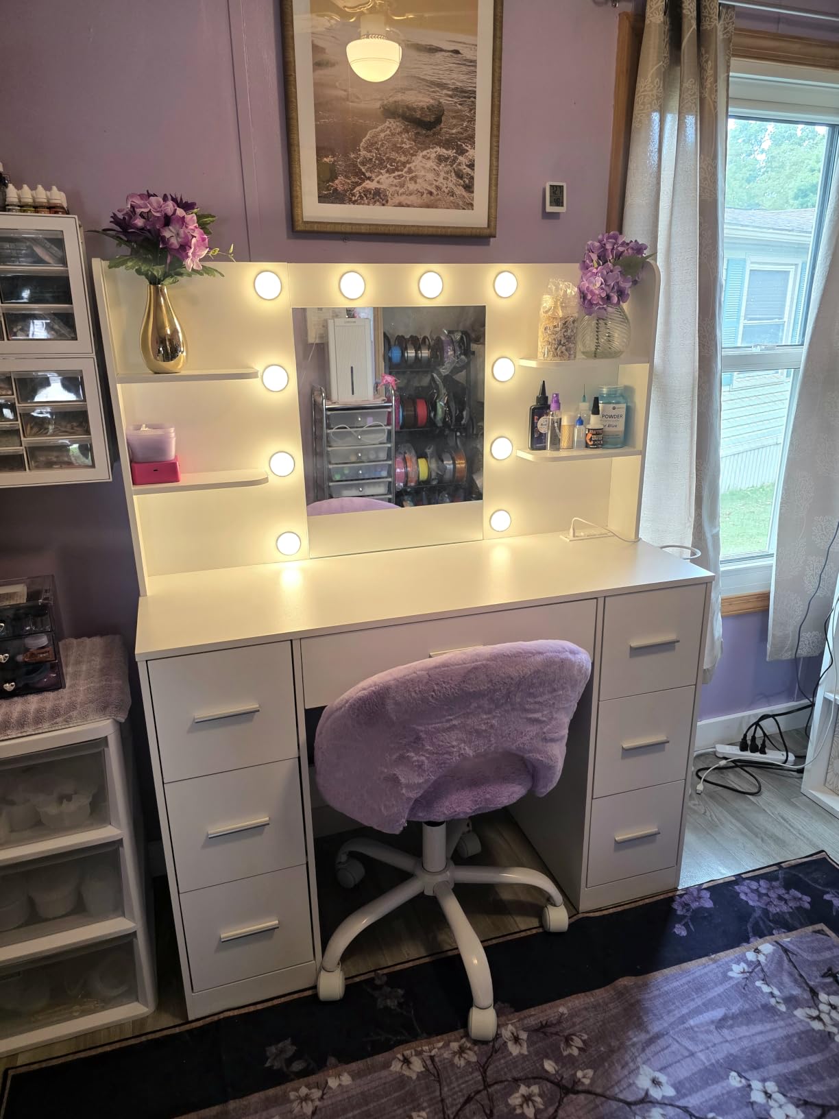 Furmax Vanity Desk with LED Mirror, Power Outlet, 7 Drawers Makeup Table | LED Lighted Mirror & Built-in Outlet, 7 Drawers and 6 Shelves, Organized Makeup Storage for Bedroom, White customer photo 1