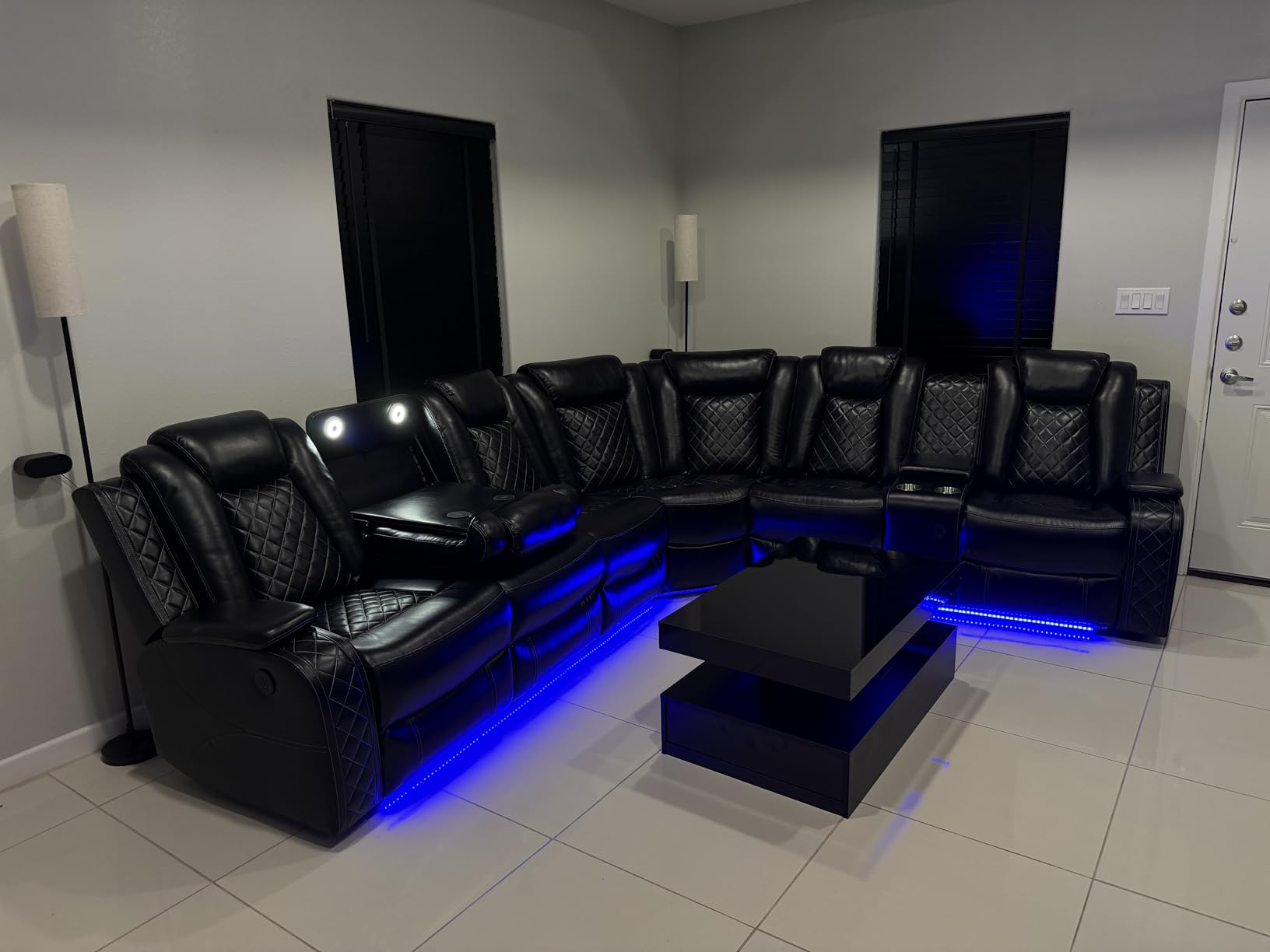 Power Recliner Sofa Sectional Couch with LED Light for Living Room, Leather Reclining Corner Sectional Sofa with 2 Recliner Seats, Cup Holder, Storage Console for House/Home Theater, Black customer photo 1