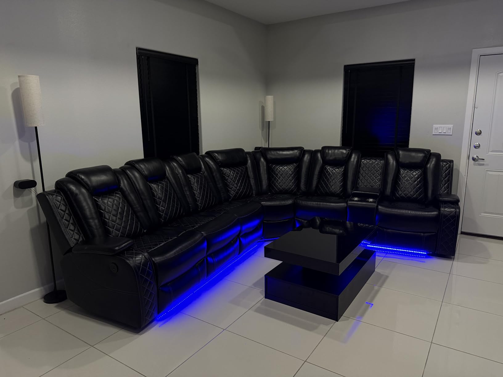 Power Recliner Sofa Sectional Couch with LED Light for Living Room, Leather Reclining Corner Sectional Sofa with 2 Recliner Seats, Cup Holder, Storage Console for House/Home Theater, Black customer photo 2