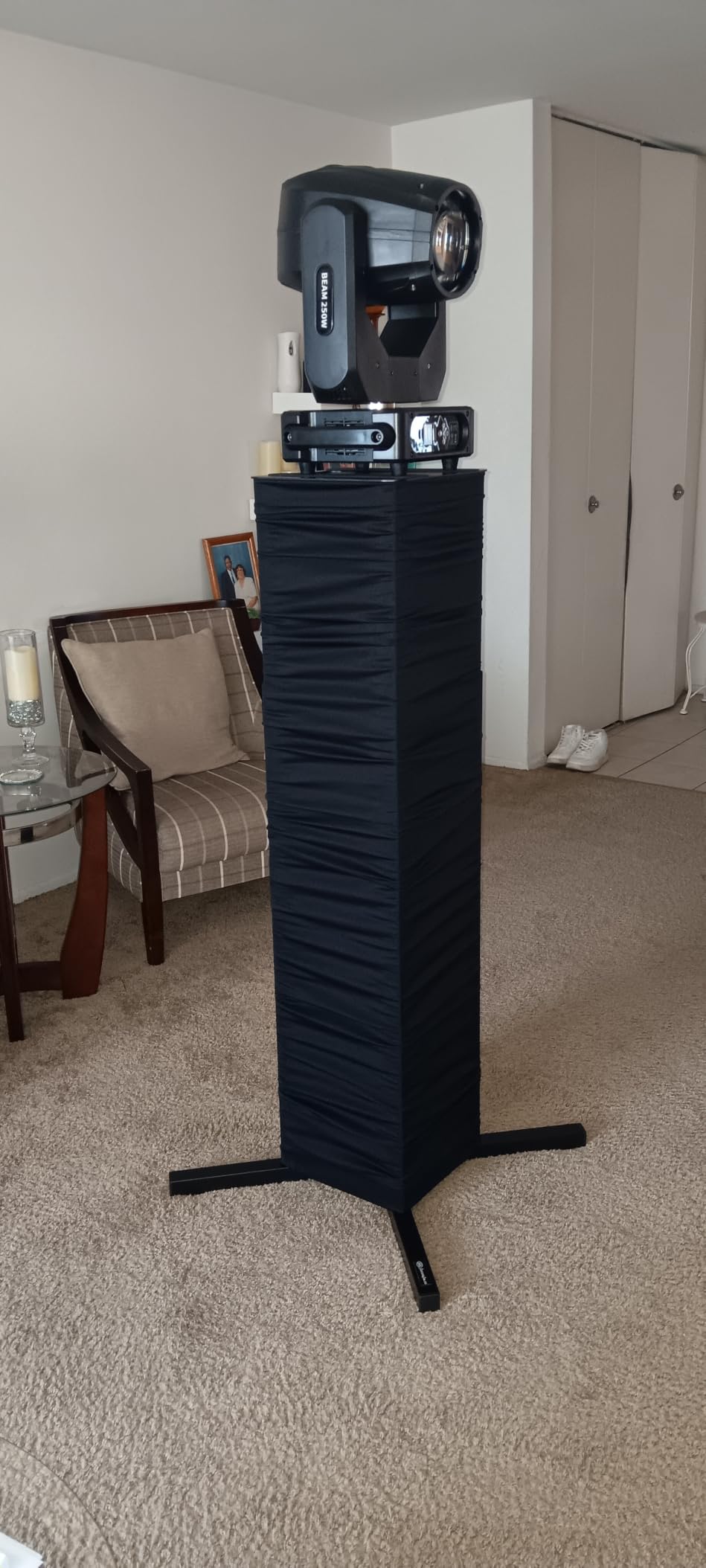 AxcessAble Two (2) Moving Head Light Totem Stands with White/Black Scrims, Portable DJ Lighting or Stands with Carrying Bag and EVA Pads - Adjustable Height Up to 70.5