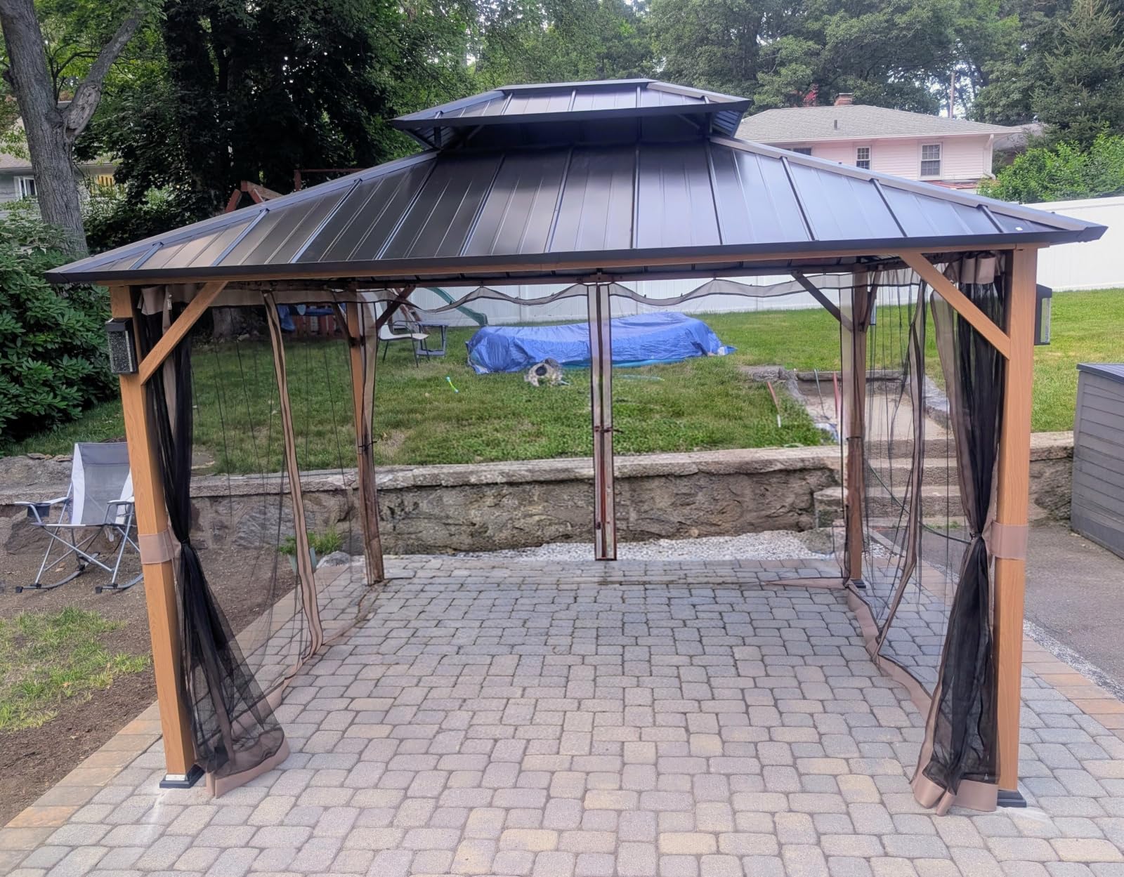 Modern Shade Grill Gazebo 6x8 with USB Charging Power Strip, Wood Grain | Aluminum BBQ Gazebos with Shelves & Hooks, Grill Canopy with Galvanized Steel Double Roof, Extra-Wide Column Design for Patio customer photo 2