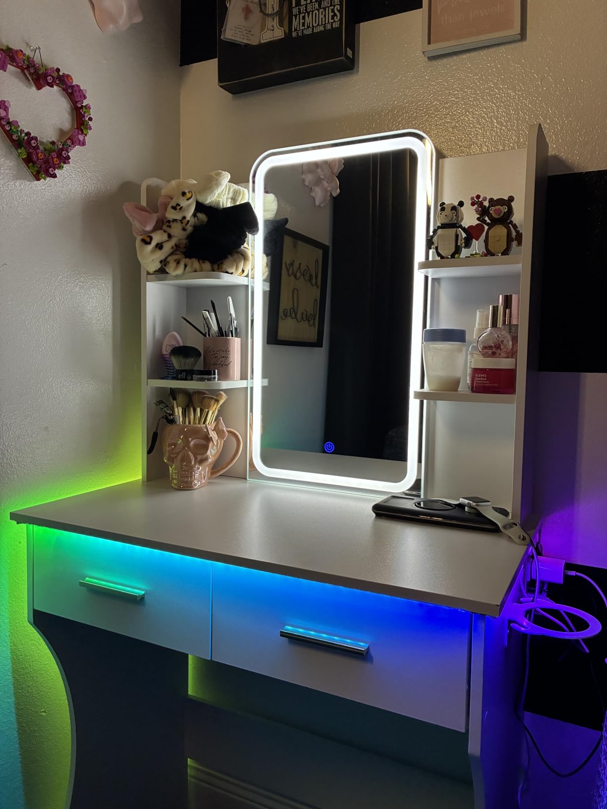 Vanity Desk with LED Lights Mirror & Power Outlet, Small Makeup Vanity Table Set with Storage Drawers & Chair, 3 Lighting Modes & Adjustable Brightness, Dressing Table for Women Girls Bedroom, White customer photo 1