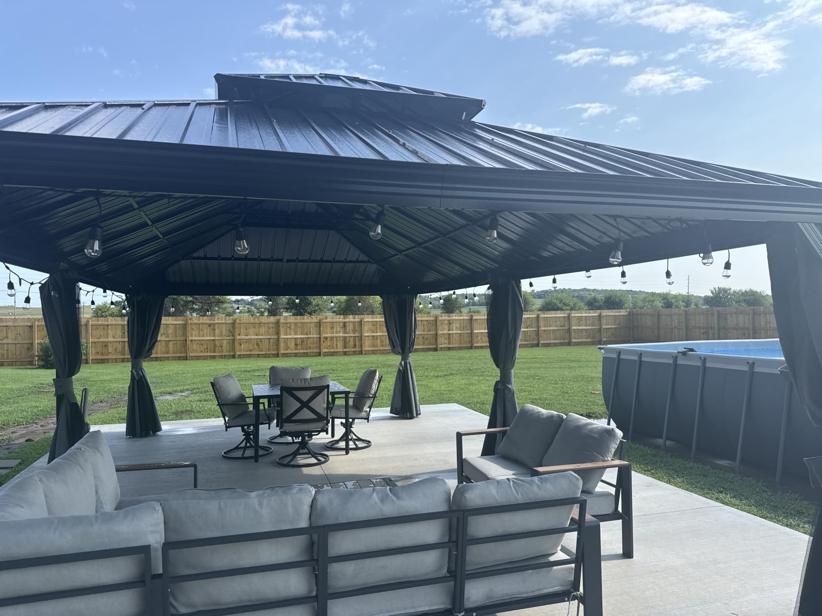 Aoxun Hardtop Gazebo, 12 x 16ft Wooden Finish Coated Aluminum Frame Canopy, Galvanized Steel Double Top, Outdoor Permanent Metal Pavilion with Curtains and Netting, for Backyard, Patio and Deck customer photo 1
