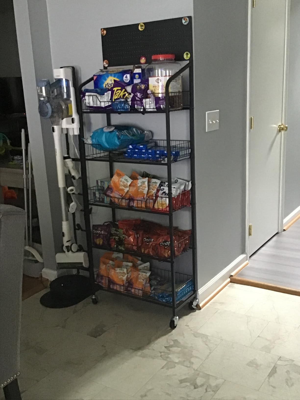 5 Tier Supermaket Snack Rack Display Stand, Free-Standing Black Retail Display Shelves with 12 Hooks & 4 Wheels, Large Metal Snack Shelf for Store Business customer photo 1