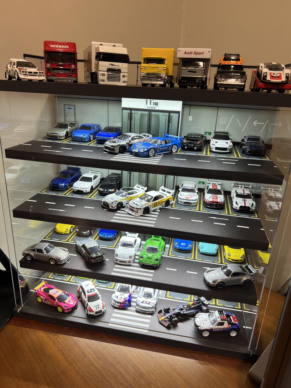 Display Case for Hot Wheels & Matchbox Cars with LED Light, Toy Car Garage, Wood, Hold 50+ Cars, 1/64 Diecast Display, Dust Cover, Freestanding customer photo 1