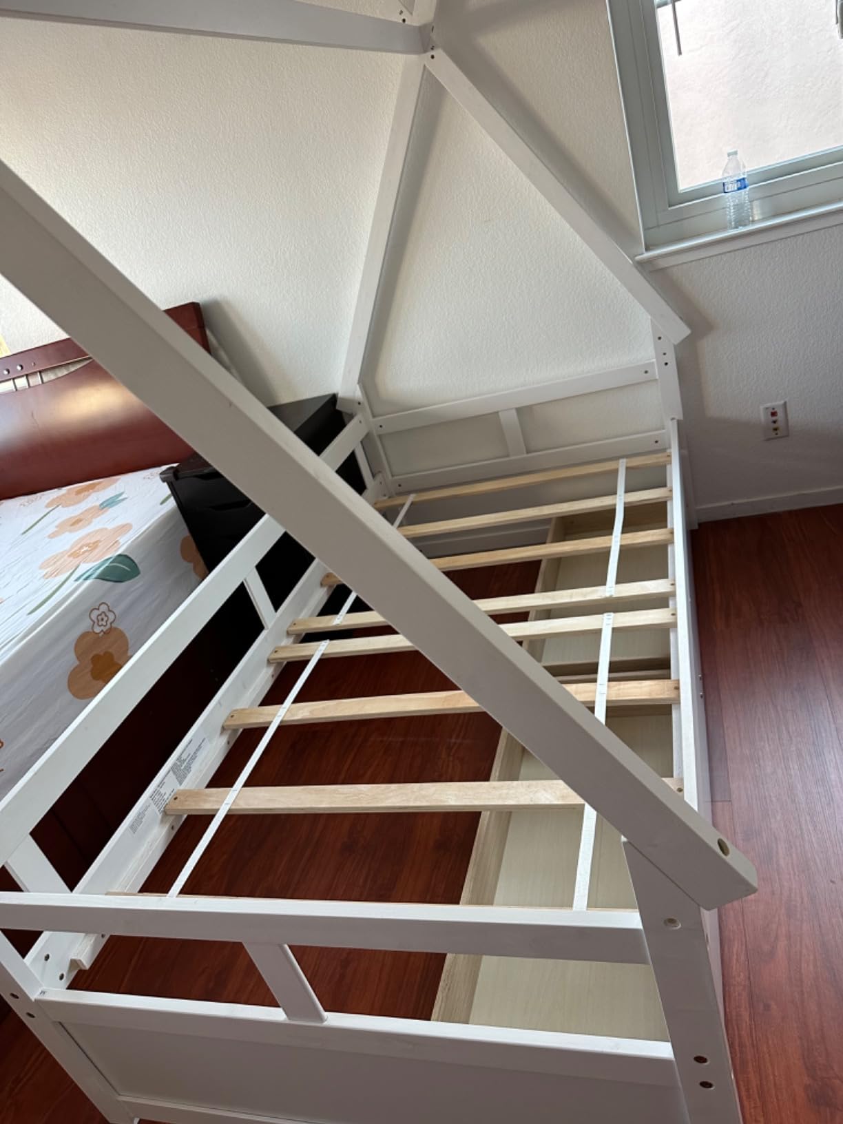 GIANTEX House Bed with Trundle Twin, Wood Montessori Bed Frame with Safety Guardrail, Low Kids Teepee Bed for Boys Girls Teens, No Box Spring Needed, White customer photo 2