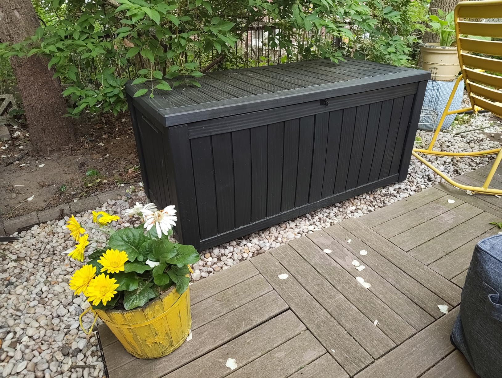 Outdoor Storage Box 150 Gal Waterproof Deck Box Lockable Black | Heavy-duty resin for patio, garden, poolside storage of cushions, tools & outdoor gear; waterproof, UV-resistant, lockable customer photo 1