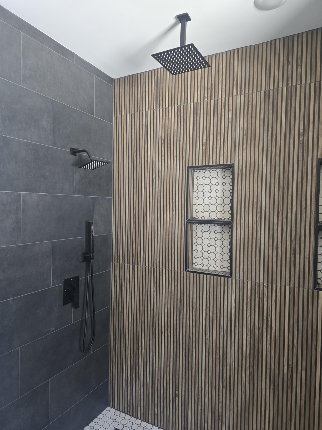 Aolemi Ceiling Shower Faucet Set System Dual Head 10&6 Inch Matte Black | 2 in 1 Handheld Spray, Shower Valve and Trim Kit, Push Button Diverter, 10