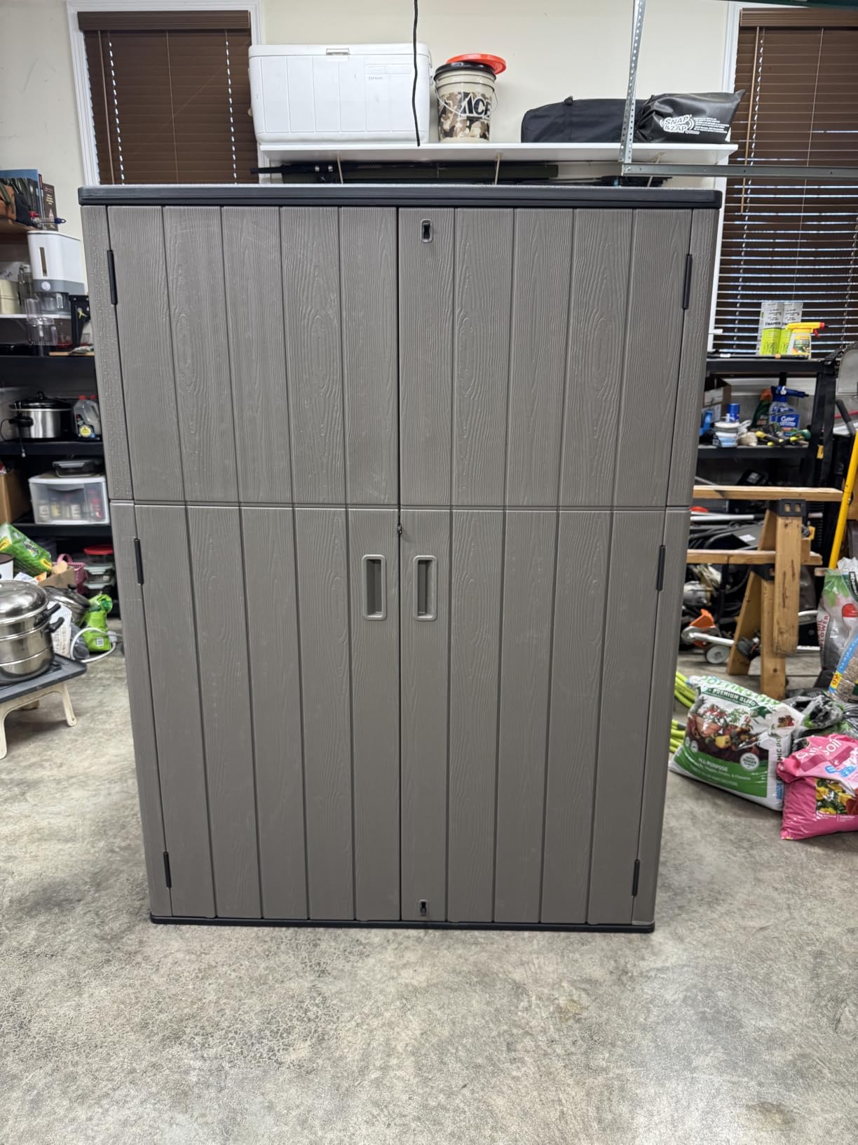 KINYING Outdoor Vertical Storage Shed, 57 Cu.ft Outdoor Storage Cabinet Waterproof, Resin Sheds & Outdoor Storage Clearance for Garden, Patio, Backyard, Lockable (Brown) customer photo 1