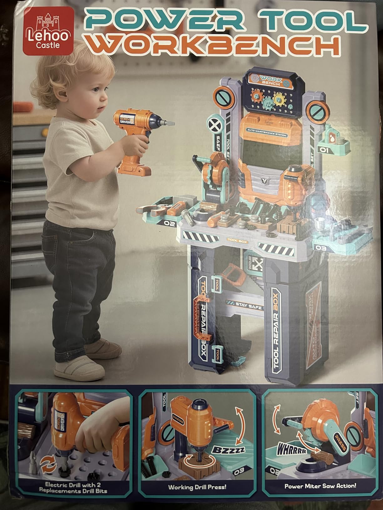 Lehoo Castle Kids Tool Bench with Electric Drill, Realistic Tools, Trucks - 2 in 1 Construction Workbench and Tool Box, Toddler Tool Bench Set with Take Apart Trucks, Tool Workshop Playset for Ages 3-5 customer photo 1