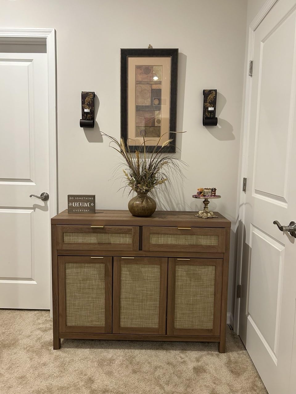 SICOTAS Rattan Sideboard Buffet Cabinet with Storage, Boho Credenza Accent | Storage Cabinet with 3 Doors and 2 Drawers, Farmhouse Console Coffee Bar for Kitchen, Living Room, and Entryway, Caramel Oak customer photo 2