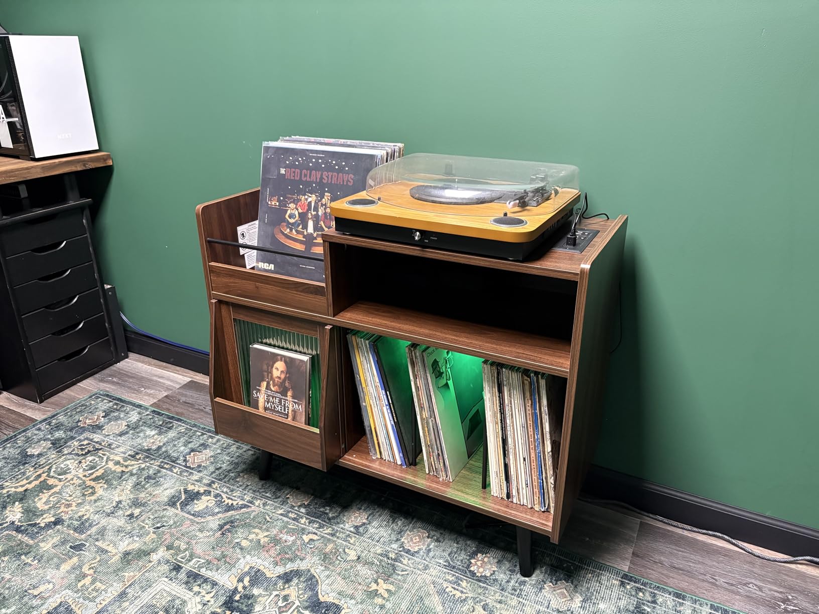 Large Record Player Stand with Sliding Door, 350 Vinyl Record Storage Cabinet | Record Player Table with Power Outlet and LED Light, Turntable Stand with Wood Legs for Living Room, Office customer photo 2