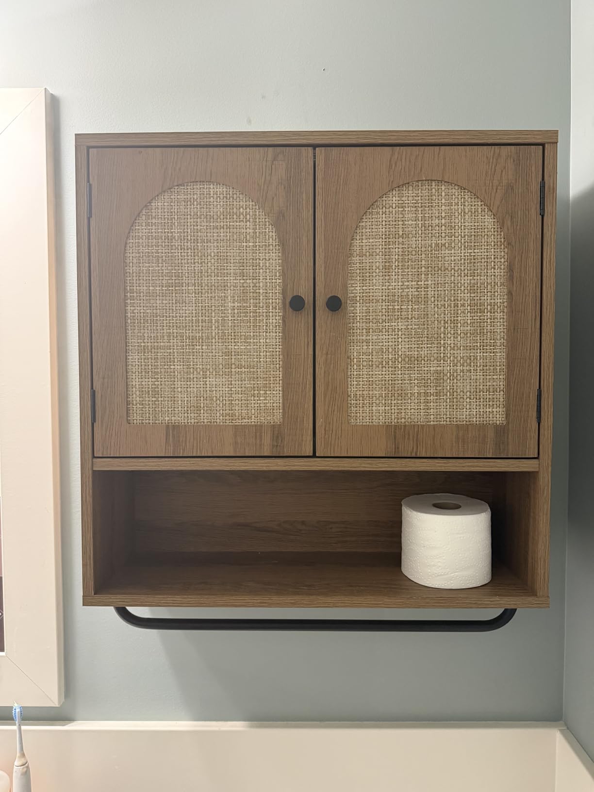 RUSTOWN Rattan Bathroom Wall Cabinet, Boho Medicine Cabinet with 2 Doors | Arched Doors, Farmhouse Over The Toilet Storage Cabinets, Adjustable Shelves, Towel Bar, 3-Tier Wall Mounted Cabinets customer photo 2